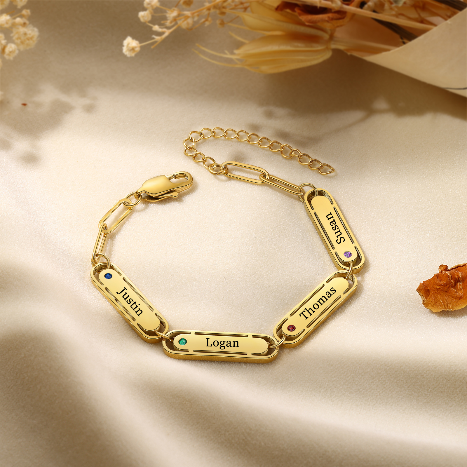 Personalised Gold Women's Bracelet – Custom 4 Birthstones and 4 Engraved Names, Elegant Chain Design, Perfect Gift for Mum, Wife, or Friend | Jessemade