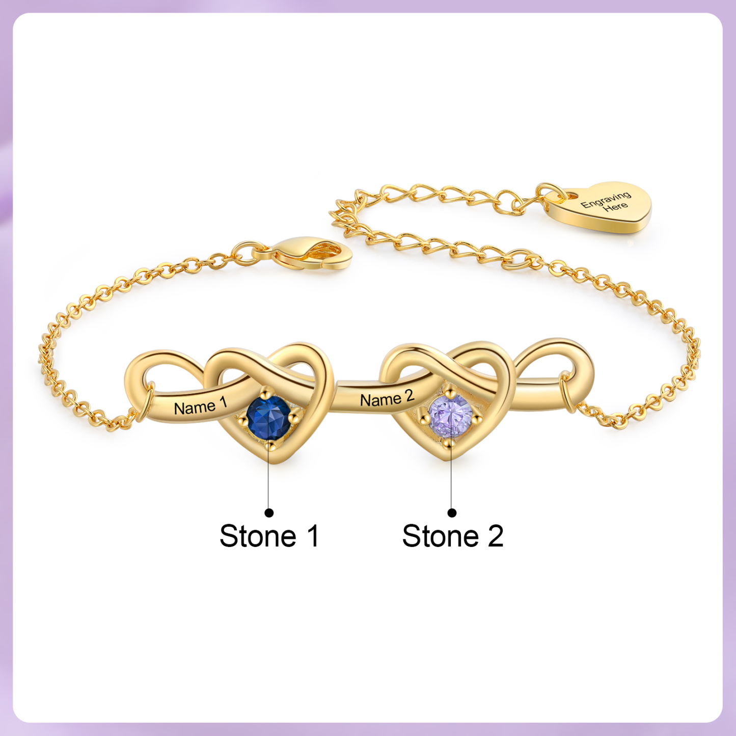 Personalised Women’s Birthstone Bracelet – Customised with 2 Names, 2 Birthstones & Engraved Text, Heart & Infinity Design – Valentine’s Day Gift for Her | Jessemade
