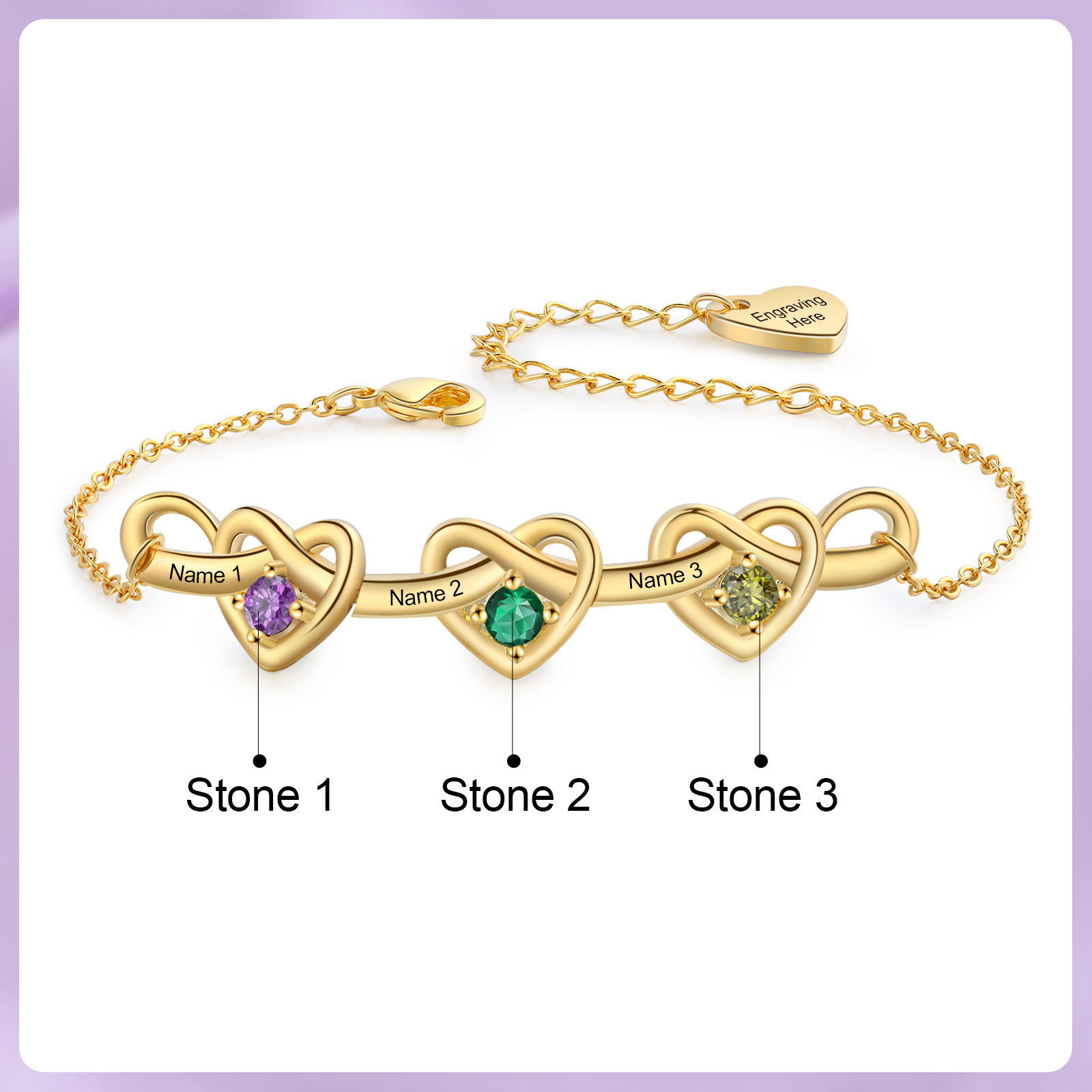 Personalised Women’s Birthstone Bracelet – Customised with 3 Names, 3 Birthstones & Engraved Text, Heart & Infinity Design – Valentine’s Day Gift for Her | Jessemade