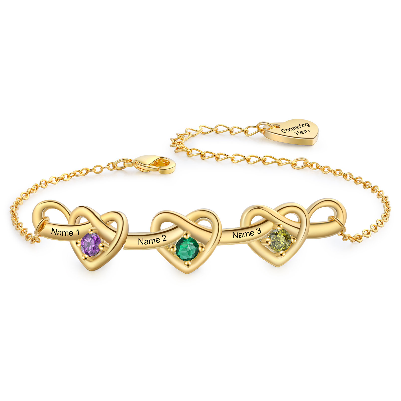 Personalised Women’s Birthstone Bracelet – Customised with 3 Names, 3 Birthstones & Engraved Text, Heart & Infinity Design – Valentine’s Day Gift for Her | Jessemade