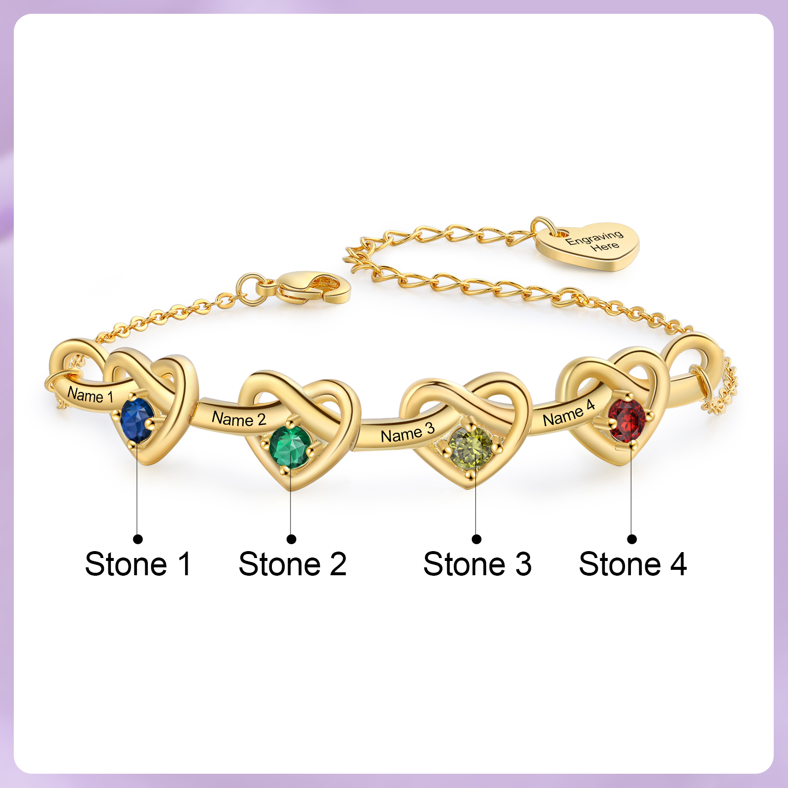 Personalised Women’s Birthstone Bracelet – Customised with 4 Names, 4 Birthstones & Engraved Text, Heart & Infinity Design – Special Gift for Her | Jessemade