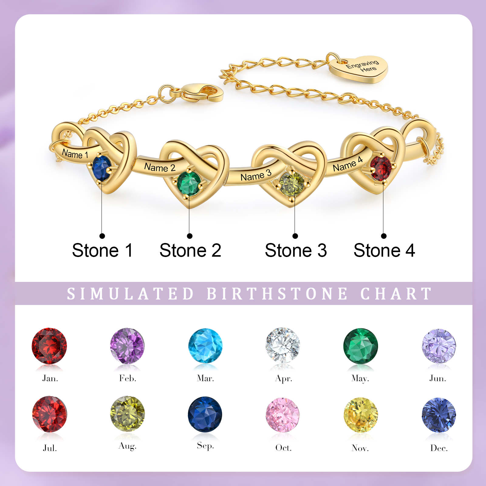 Personalised Women’s Birthstone Bracelet – Customised with 4 Names, 4 Birthstones & Engraved Text, Heart & Infinity Design – Special Gift for Her | Jessemade