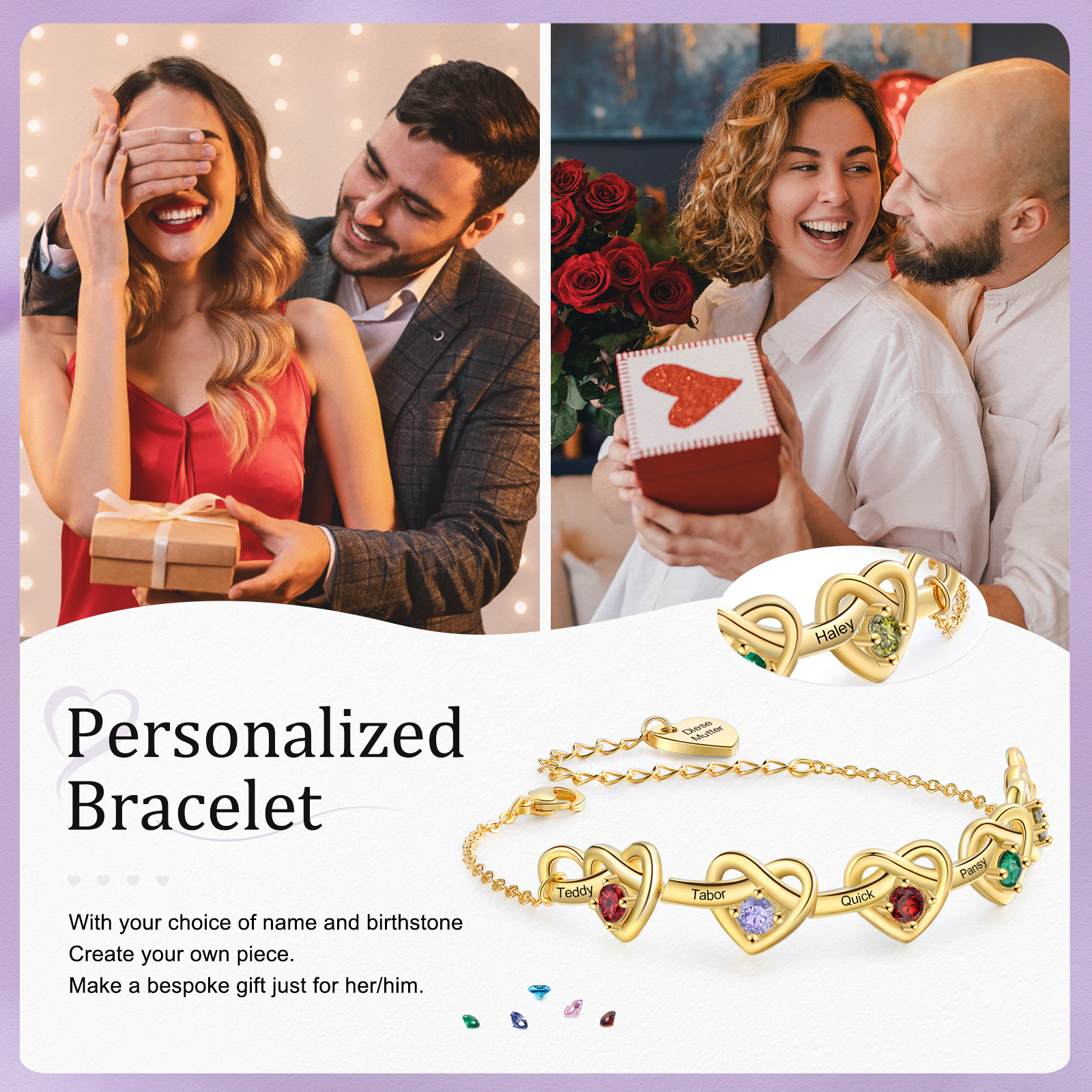 Personalised Women’s Birthstone Bracelet – Customised with 5 Names, 5 Birthstones & Engraved Text, Heart & Infinity Design – Special Gift for Her | Jessemade