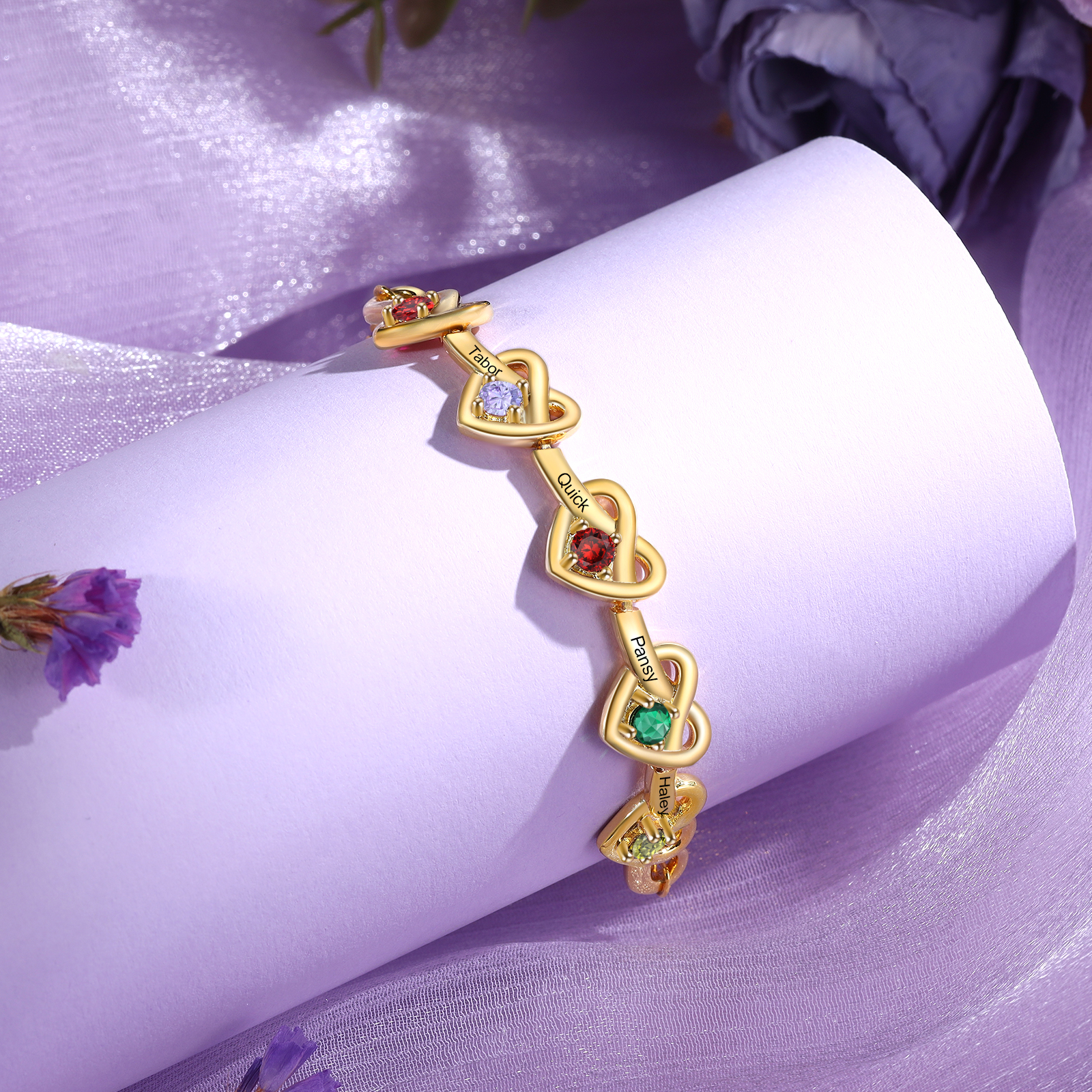 Personalised Women’s Birthstone Bracelet – Customised with 5 Names, 5 Birthstones & Engraved Text, Heart & Infinity Design – Special Gift for Her | Jessemade