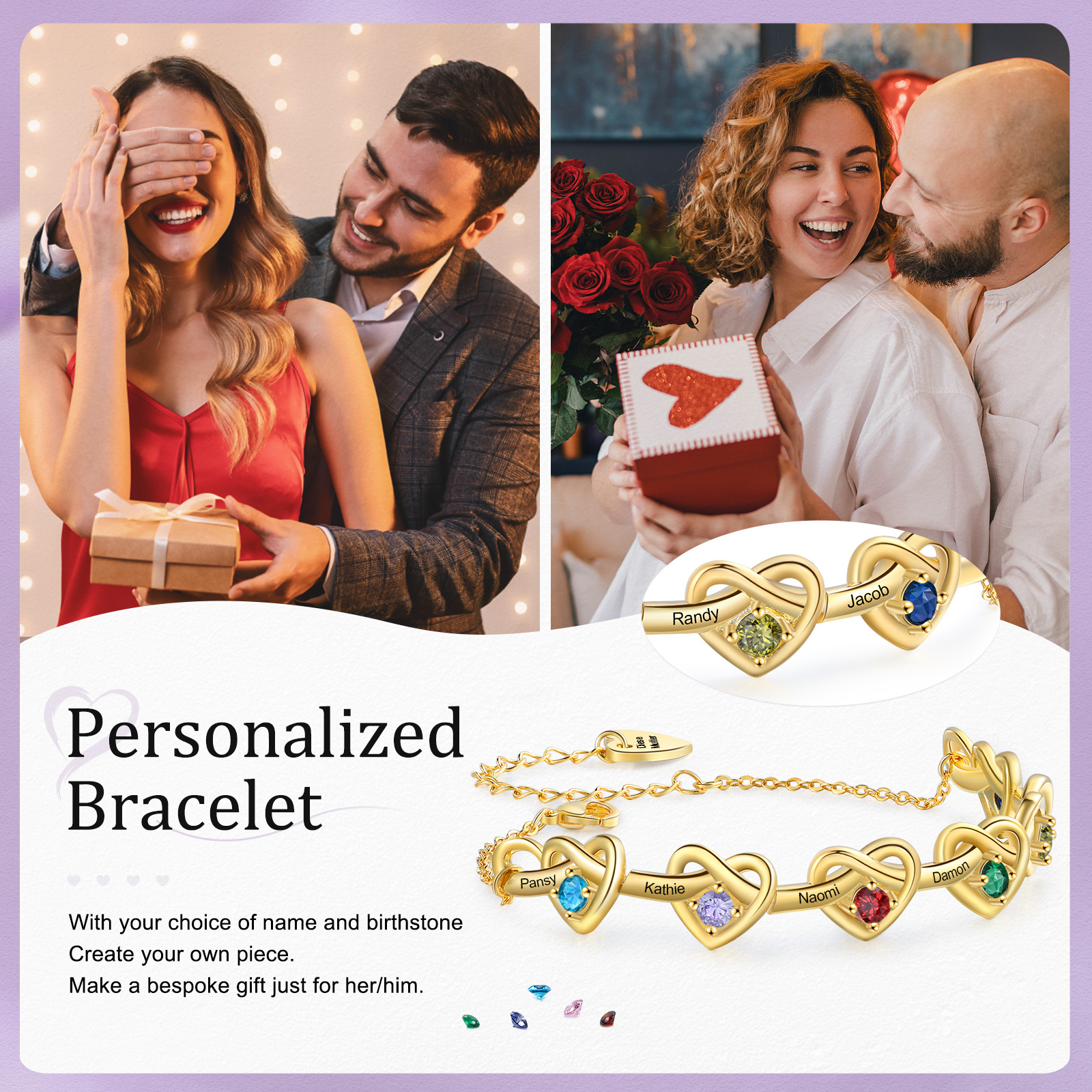 [Copy]Personalised Women’s Birthstone Bracelet – Customised with 6 Names, 6 Birthstones & Engraved Text, Heart & Infinity Design – Special Gift for Her | Jessemade