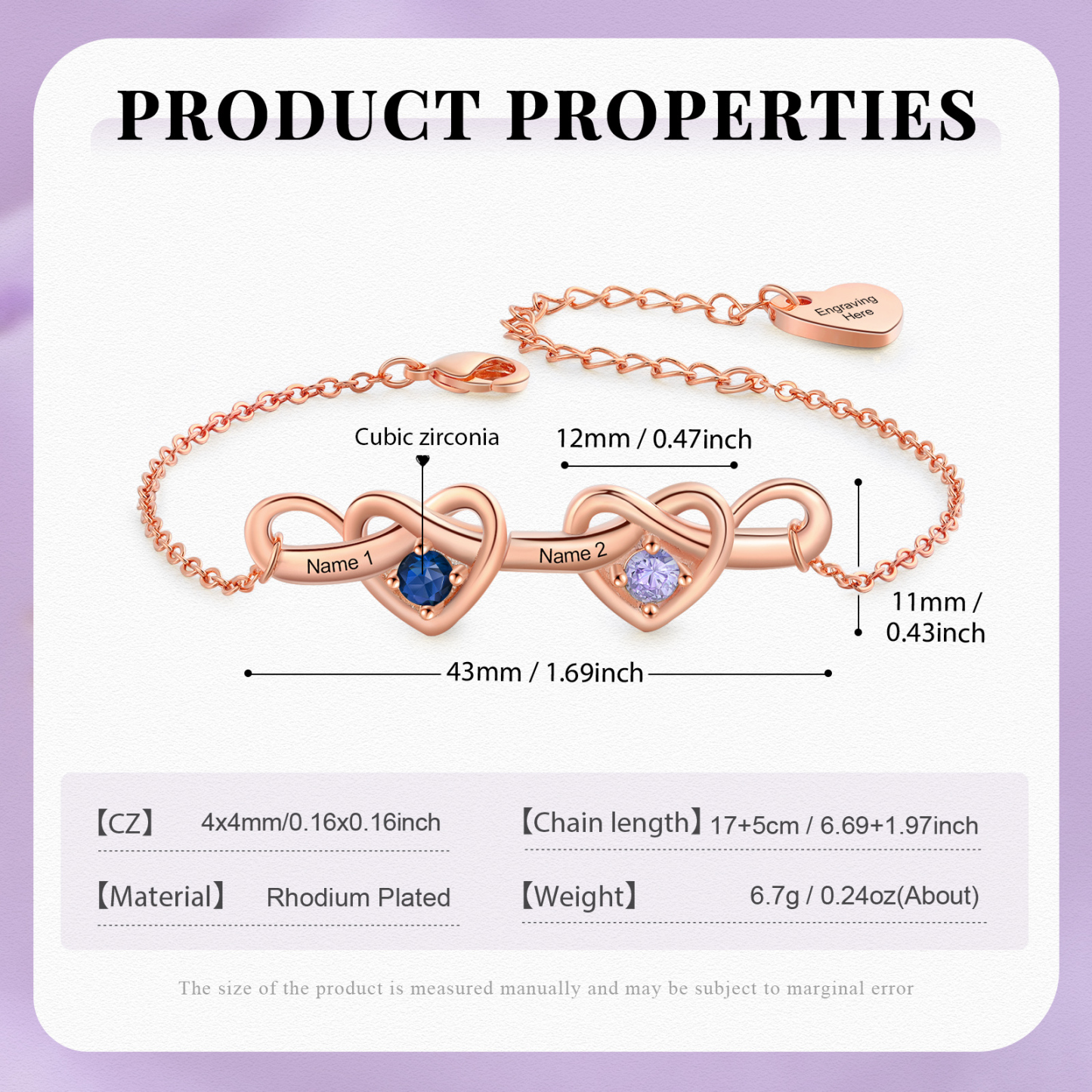 Personalised Women’s Birthstone Bracelet – Customised with 2 Names, 2 Birthstones & Engraved Text, Heart & Infinity Design – Valentine’s Day Gift for Her | Jessemade