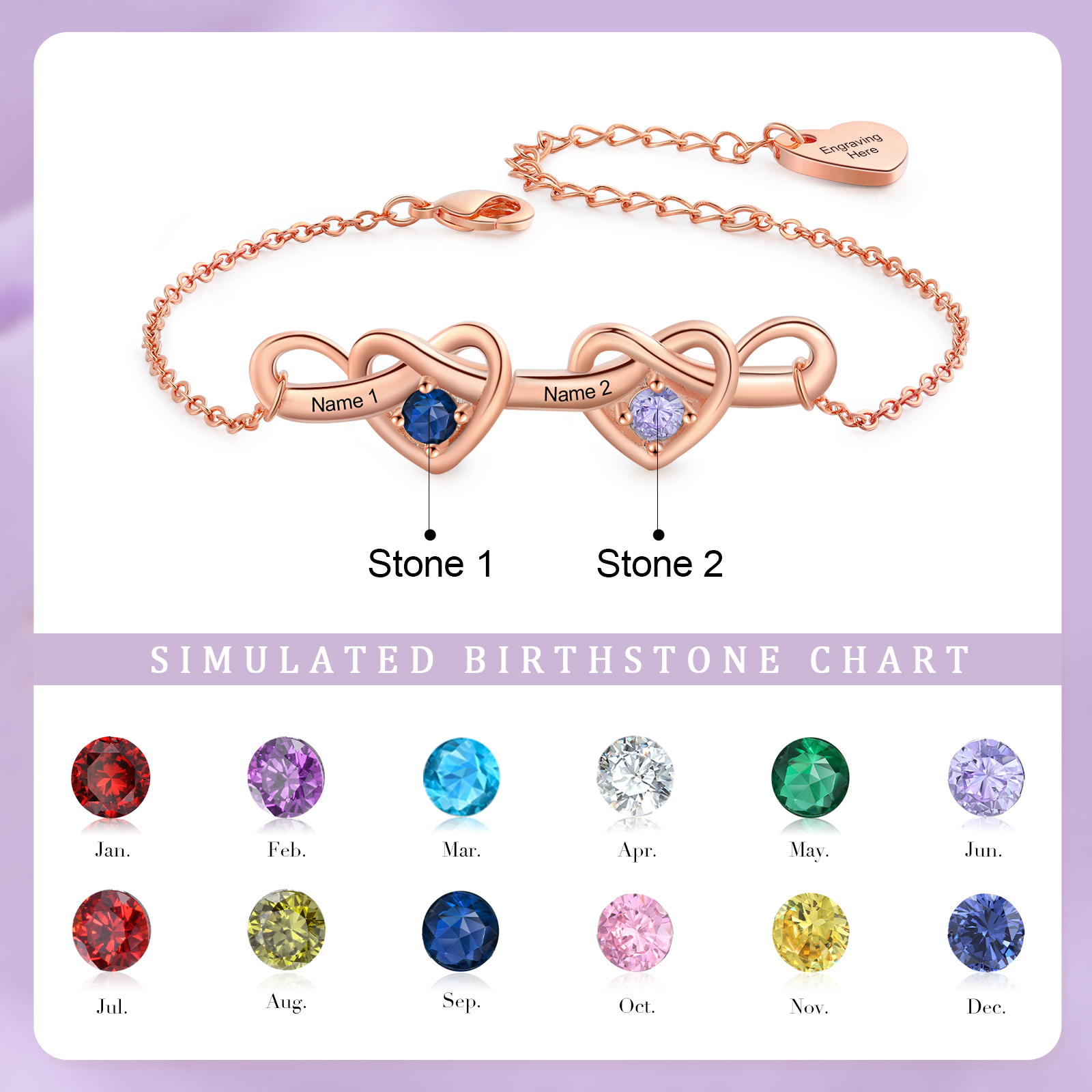 Personalised Women’s Birthstone Bracelet – Customised with 2 Names, 2 Birthstones & Engraved Text, Heart & Infinity Design – Valentine’s Day Gift for Her | Jessemade