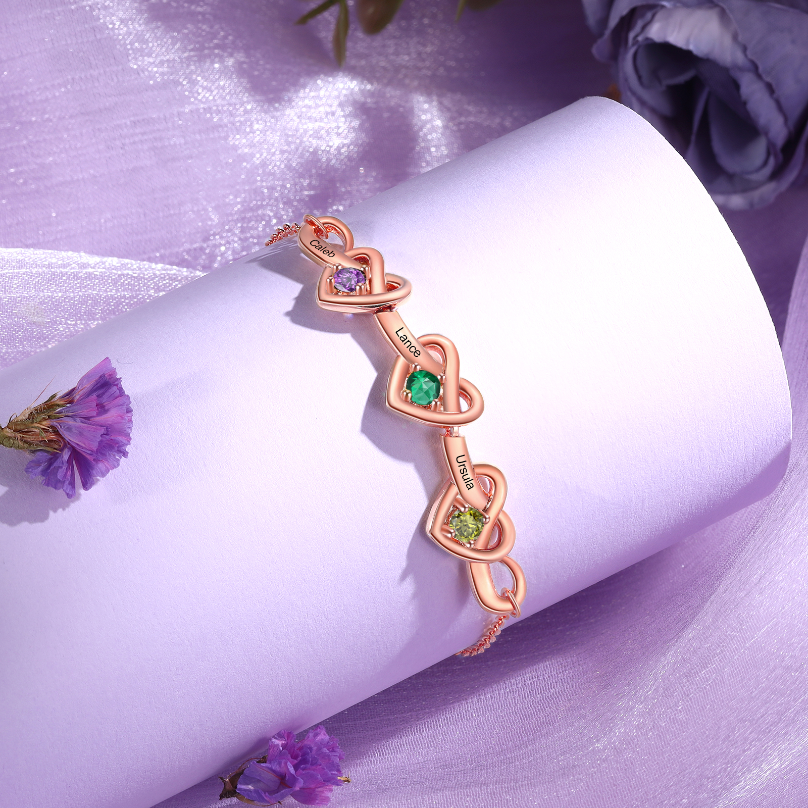 Personalised Women’s Birthstone Bracelet – Customised with 3 Names, 3 Birthstones & Engraved Text, Heart & Infinity Design – Valentine’s Day Gift for Her | Jessemade