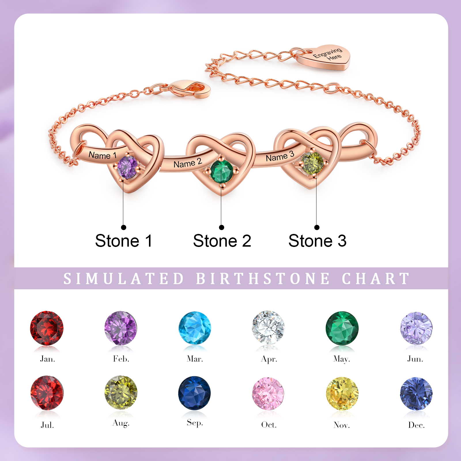 Personalised Women’s Birthstone Bracelet – Customised with 3 Names, 3 Birthstones & Engraved Text, Heart & Infinity Design – Valentine’s Day Gift for Her | Jessemade