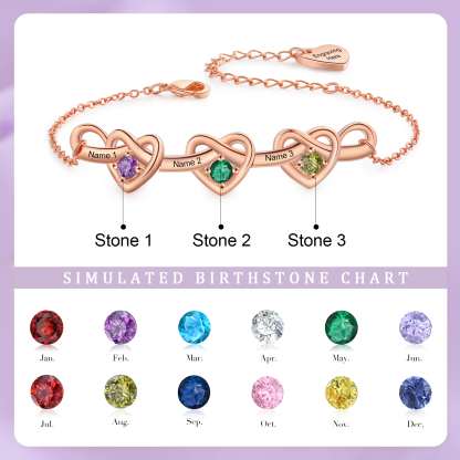 Personalised Women’s Birthstone Bracelet – Customised with 3 Names, 3 Birthstones & Engraved Text, Heart & Infinity Design – Valentine’s Day Gift for Her | Jessemade