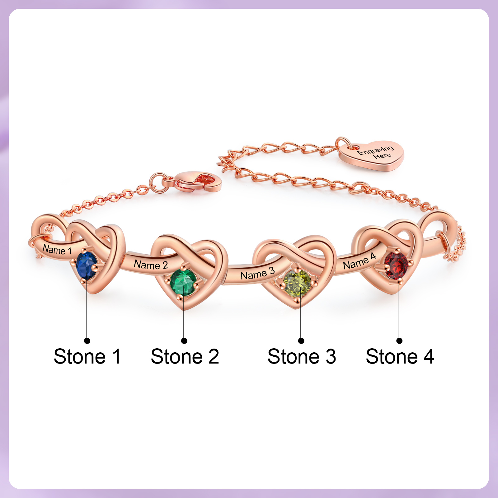 Personalised Women’s Birthstone Bracelet – Customised with 4 Names, 4 Birthstones & Engraved Text, Heart & Infinity Design – Special Gift for Her | Jessemade