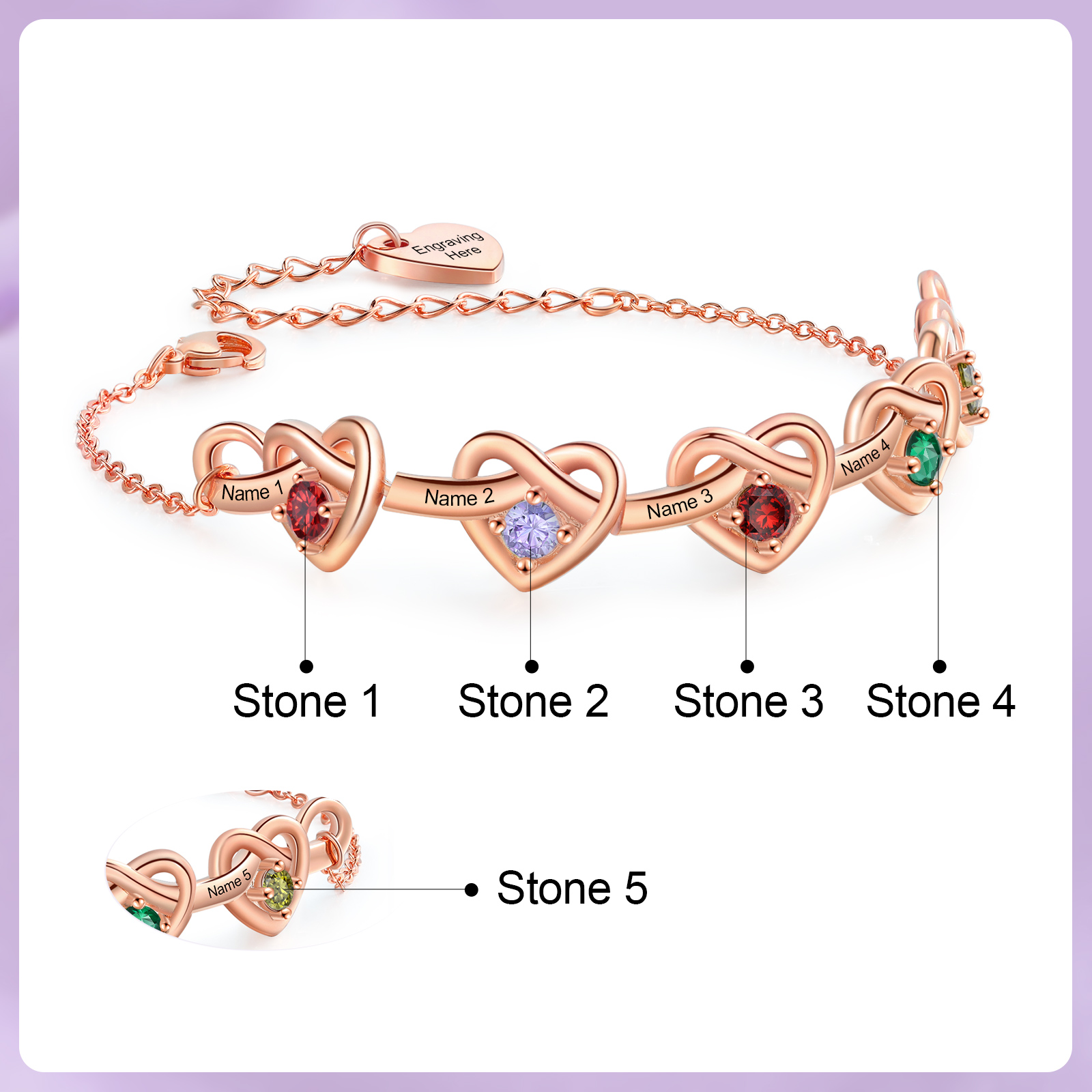 Personalised Women’s Birthstone Bracelet – Customised with 5 Names, 5 Birthstones & Engraved Text, Heart & Infinity Design – Special Gift for Her | Jessemade