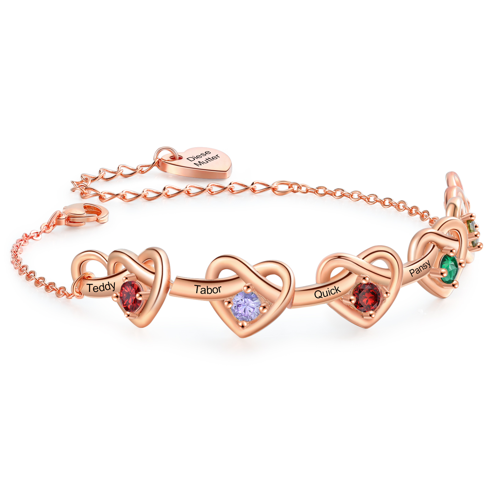 Personalised Women’s Birthstone Bracelet – Customised with 5 Names, 5 Birthstones & Engraved Text, Heart & Infinity Design – Special Gift for Her | Jessemade