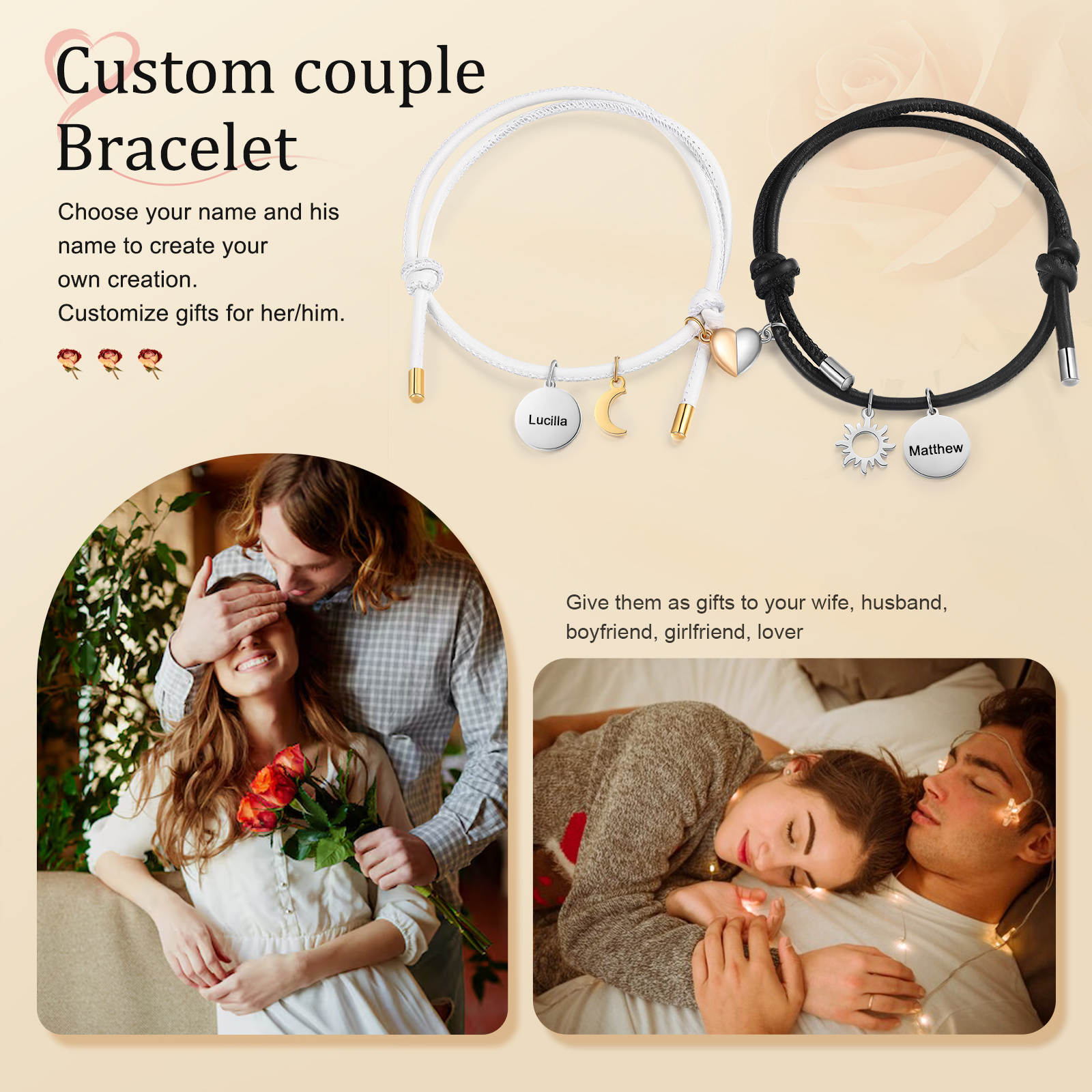 Personalised Couple Bracelets - Customised with 2 Names, Magnetic Design, Valentine’s Day Gift for Couple | Jessemade