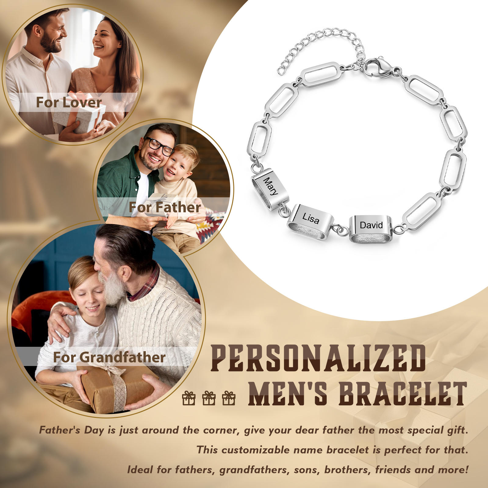 Bracciale Uomo Personalizzato – Incisione 3 Nomi | Regalo Speciale per Papà, Nonno, Marito e Fratello | Jessemade
