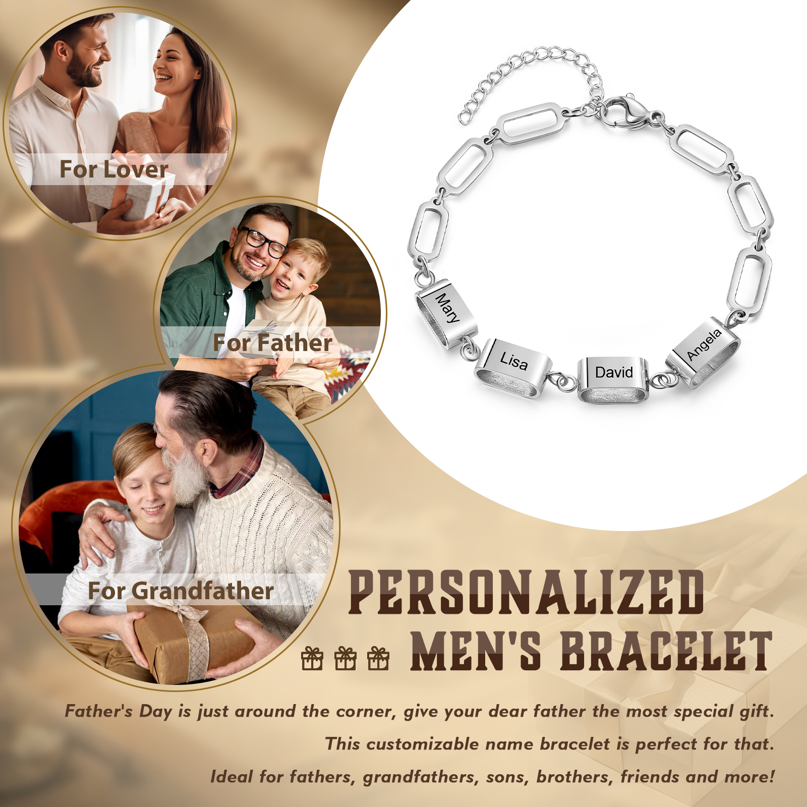 Bracciale Uomo Personalizzato – Incisione 4 Nomi | Regalo Speciale per Papà, Nonno, Marito e Fratello | Jessemade