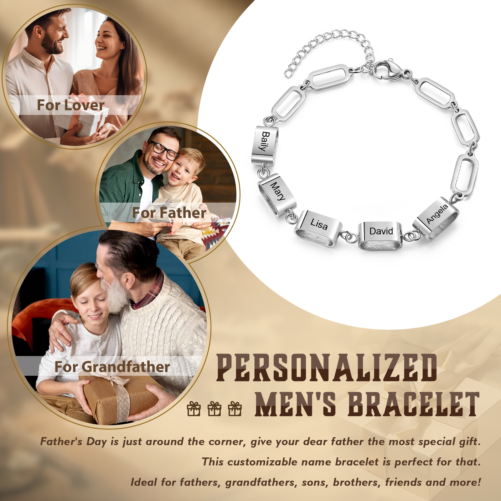Bracciale Uomo Personalizzato – Incisione 5 Nomi | Regalo Speciale per Papà, Nonno, Marito e Fratello | Jessemade