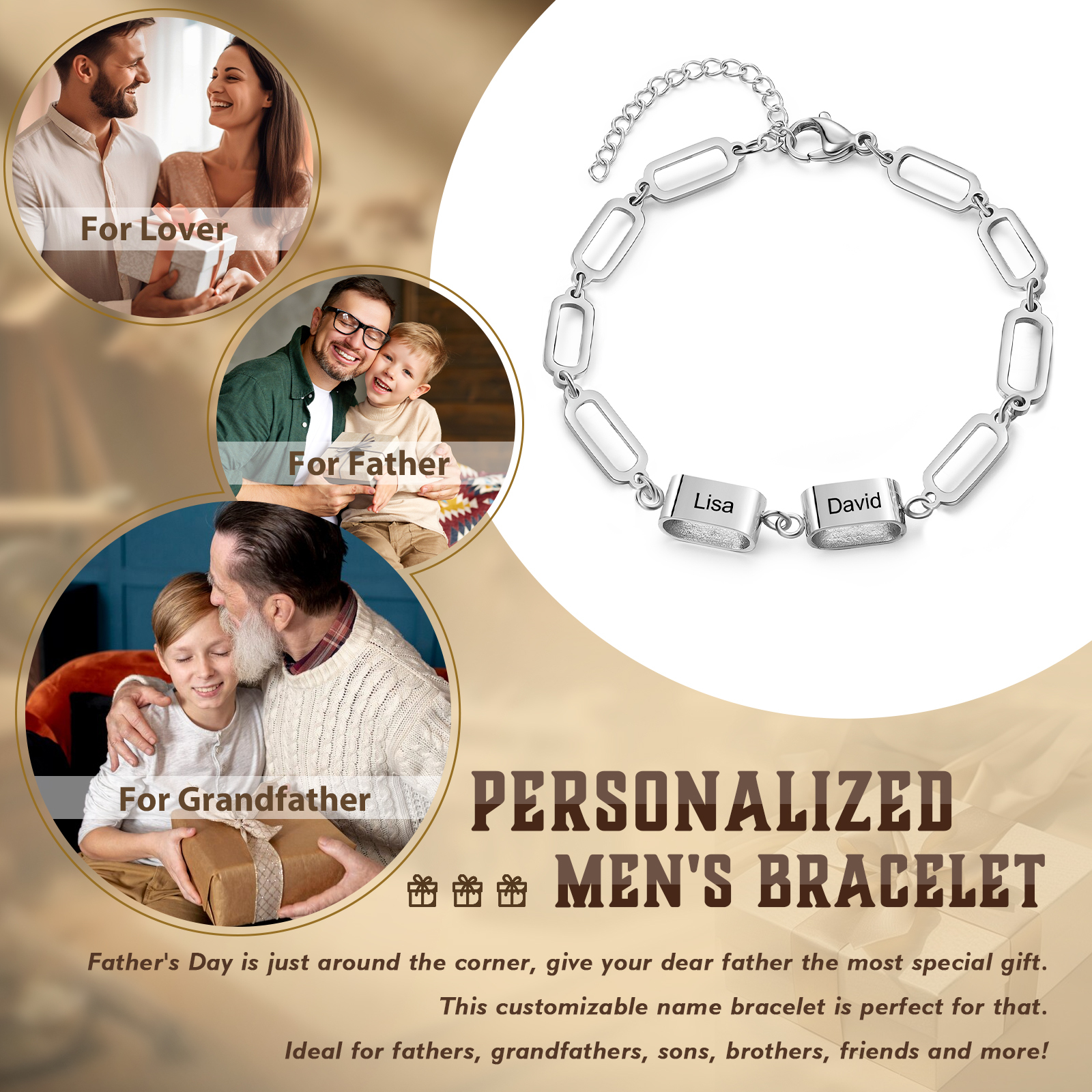 Bracciale Uomo Personalizzato – Incisione 2 Nomi | Regalo Speciale per Papà, Nonno, Marito e Fratello | Jessemade