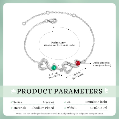 Bracciale Cuori Personalizzato con 2 Nomi e Pietre Nascita – Regalo Speciale per Donne | Jessemade