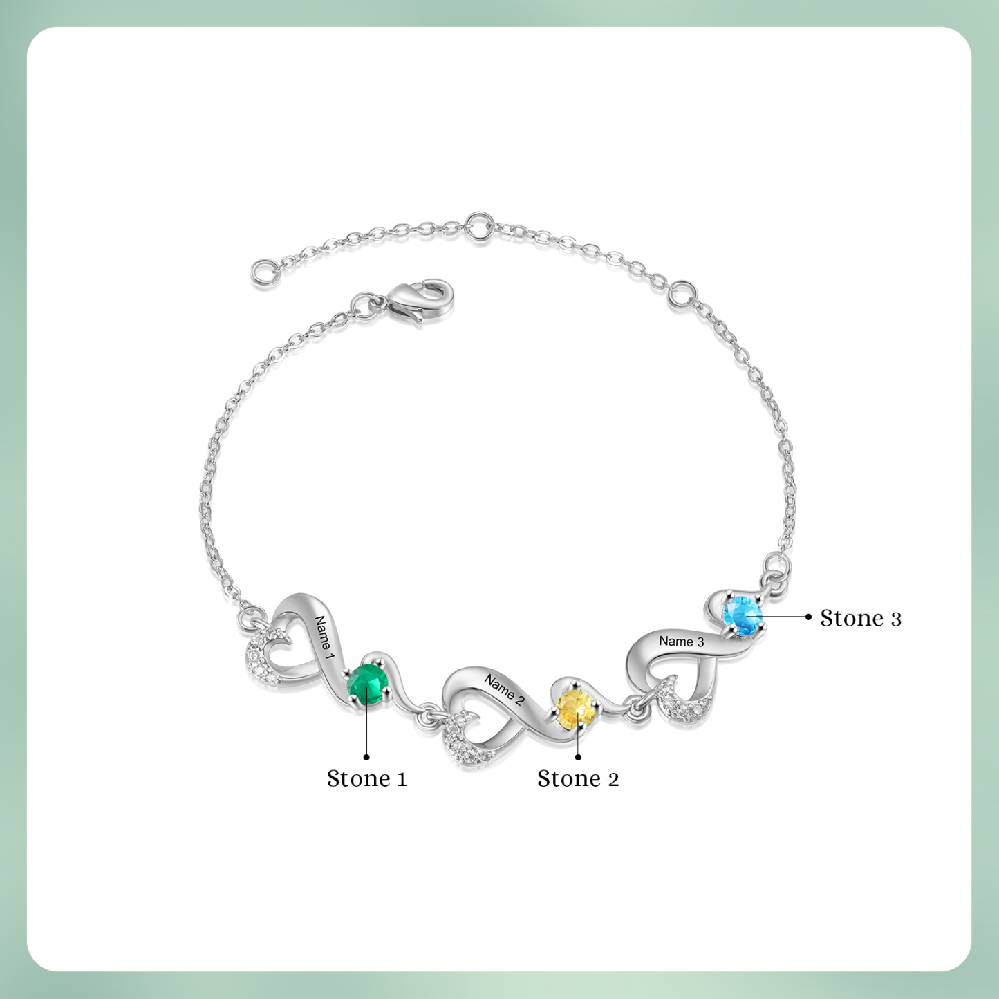 Bracciale Cuori Personalizzato con 3 Nomi e Pietre Nascita – Regalo Speciale per Donne | Jessemade