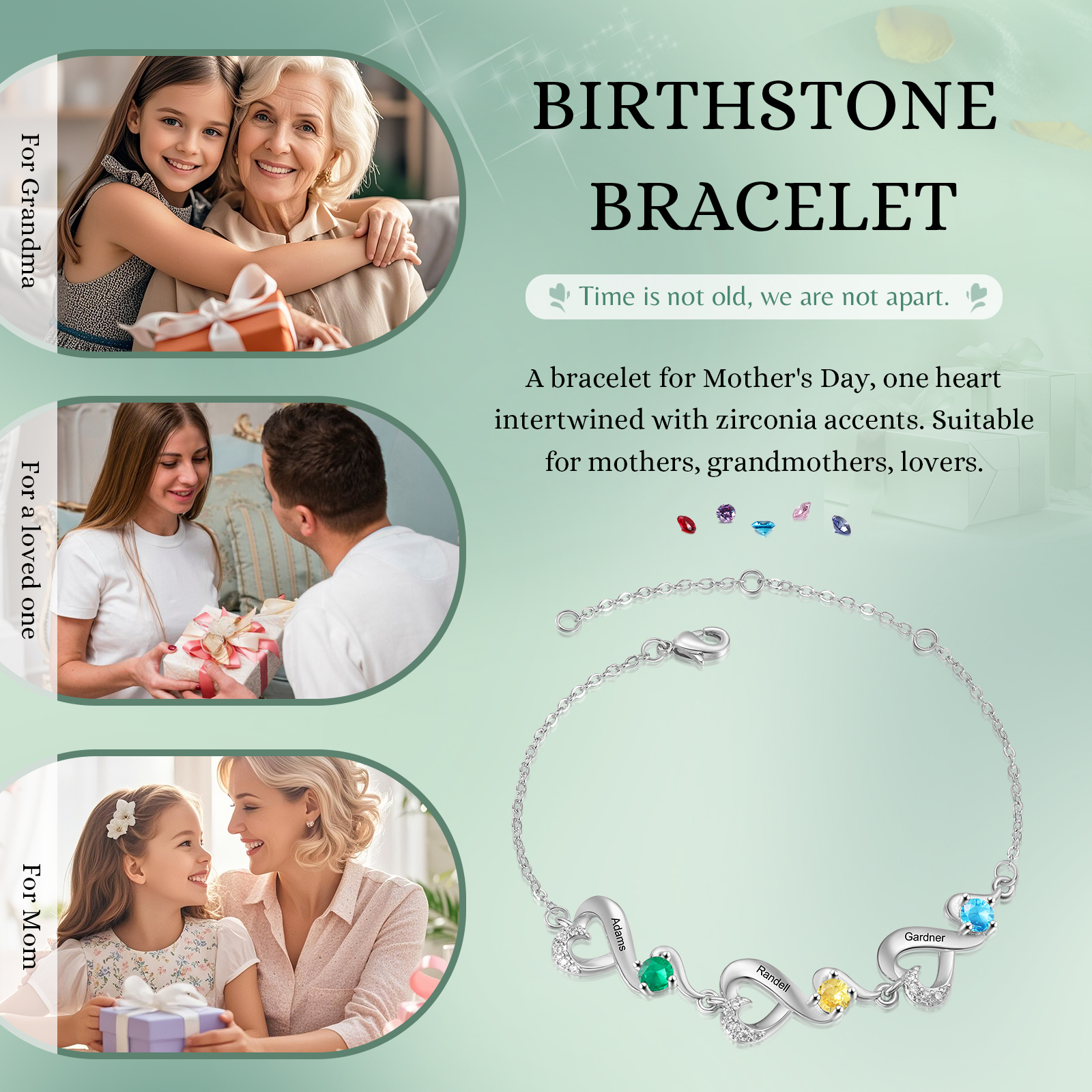 Bracciale Cuori Personalizzato con 3 Nomi e Pietre Nascita – Regalo Speciale per Donne | Jessemade