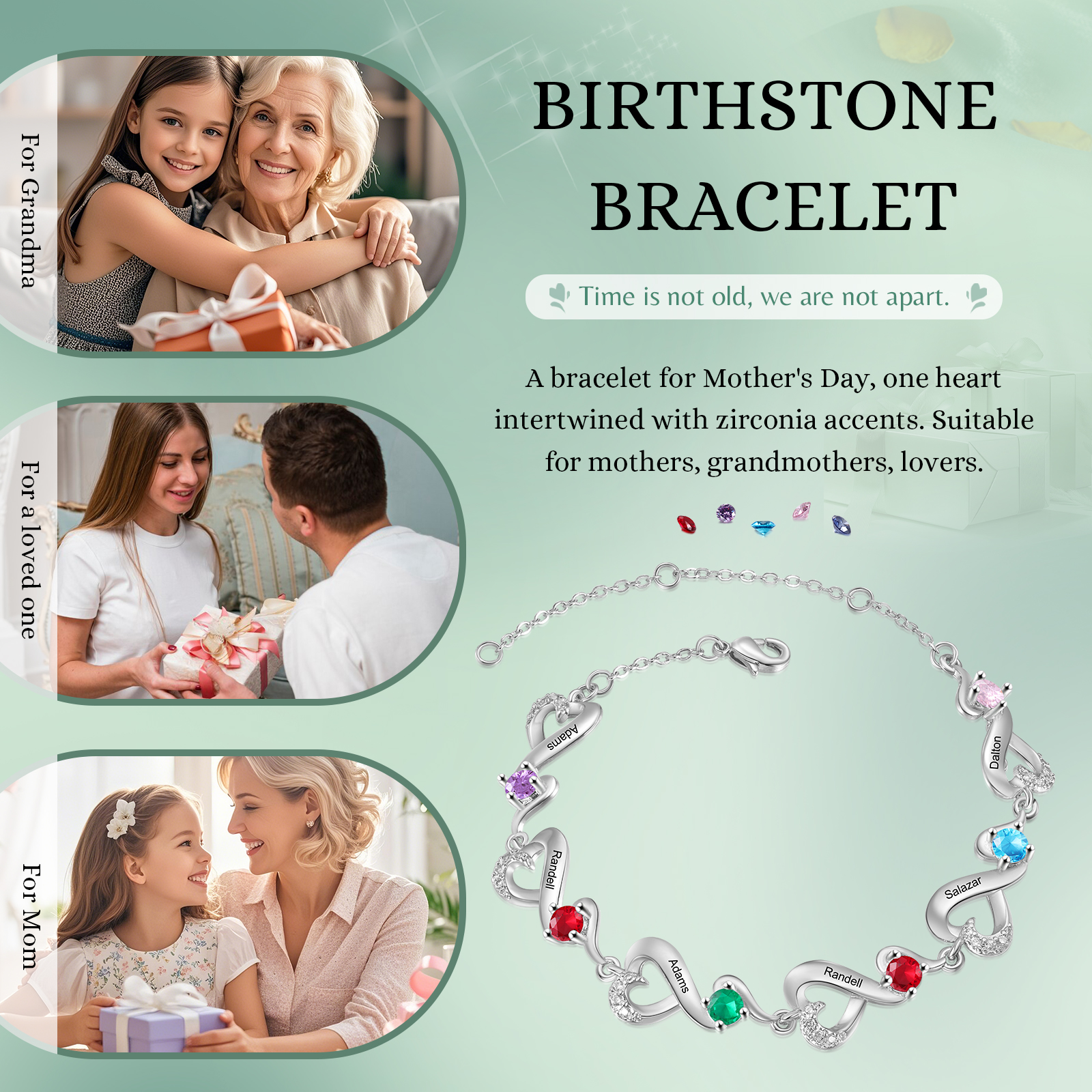 Bracciale Cuori Personalizzato con 6 Nomi e Pietre Nascita – Regalo Speciale per Donne | Jessemade