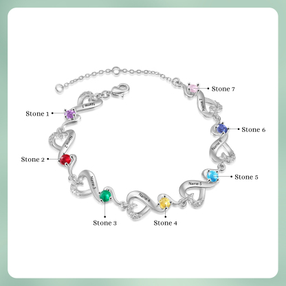 Bracciale Cuori Personalizzato con 7 Nomi e Pietre Nascita – Regalo Speciale per Donne | Jessemade