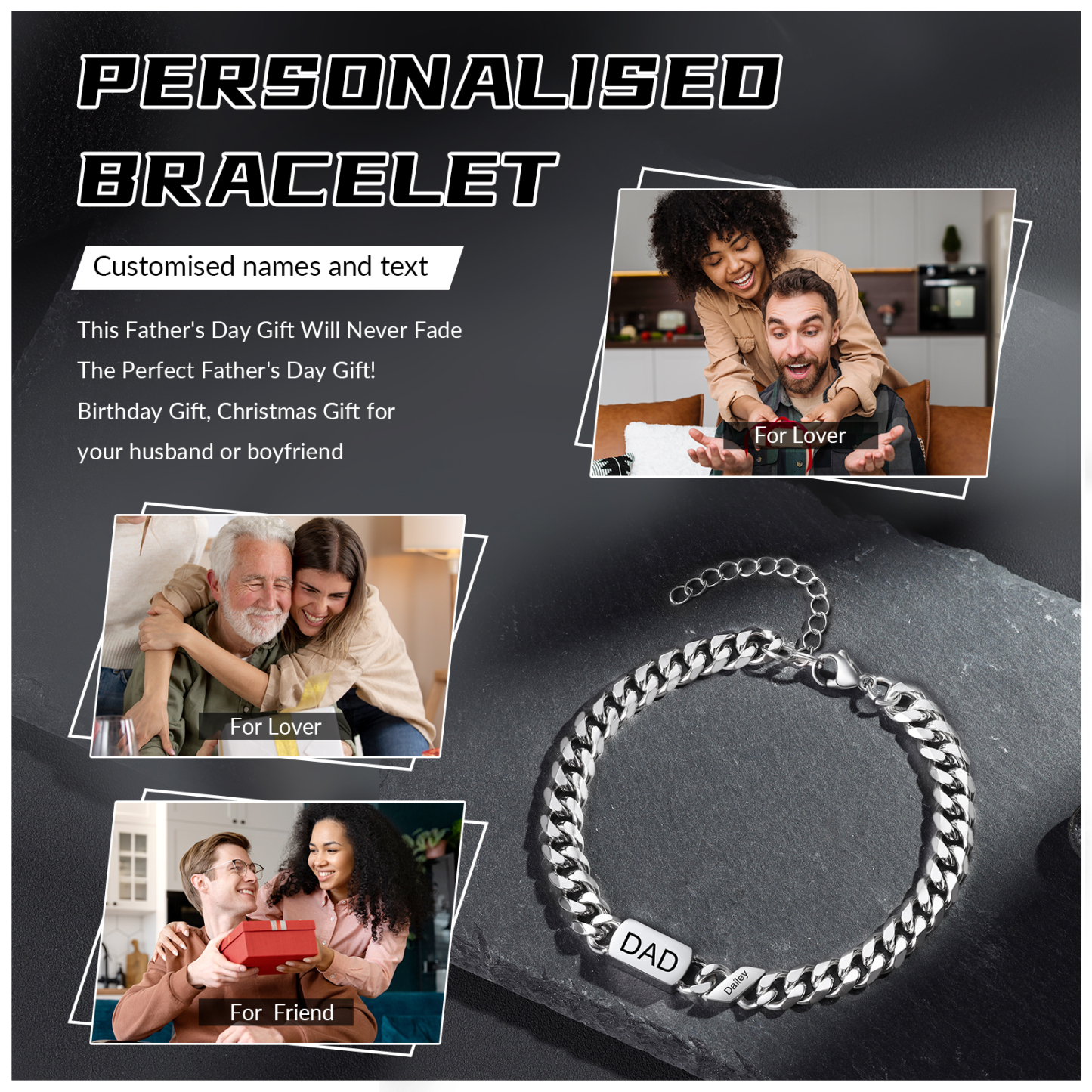 Bracciale Uomo in Acciaio Inossidabile Personalizzato – Incisione 1 Nome & Testo – Regalo Speciale per Papà | Jessemade