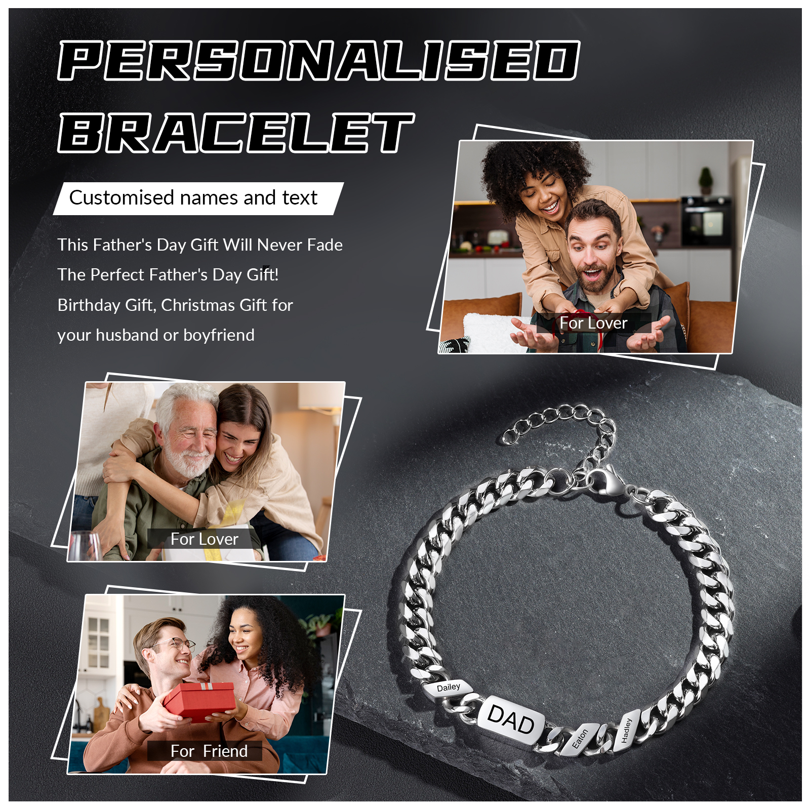 Bracciale Uomo in Acciaio Inossidabile Personalizzato – Incisione 3 Nomi & Testo – Regalo Speciale per Papà | Jessemade