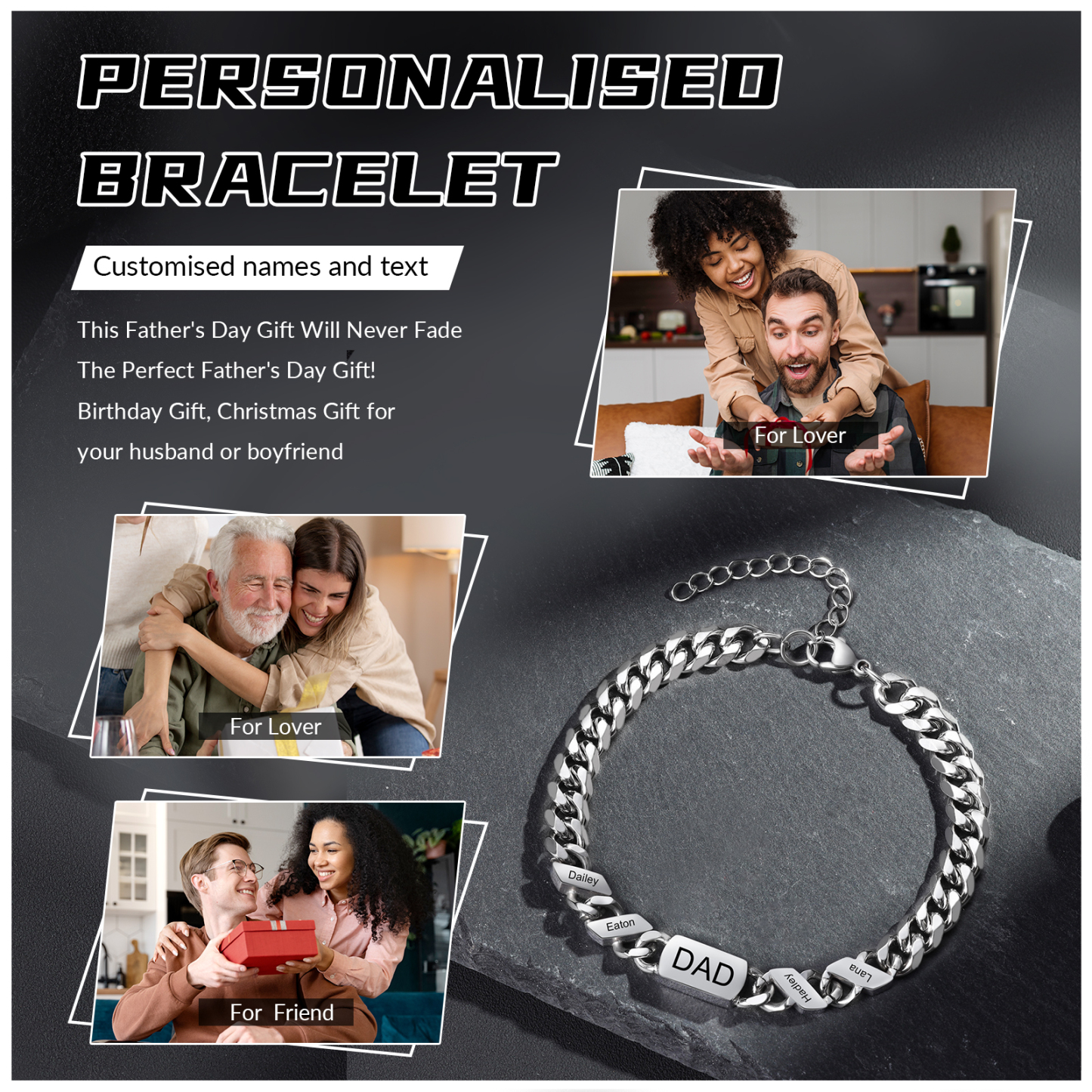 Bracciale Uomo in Acciaio Inossidabile Personalizzato – Incisione 4 Nomi & Testo – Regalo Speciale per Papà | Jessemade