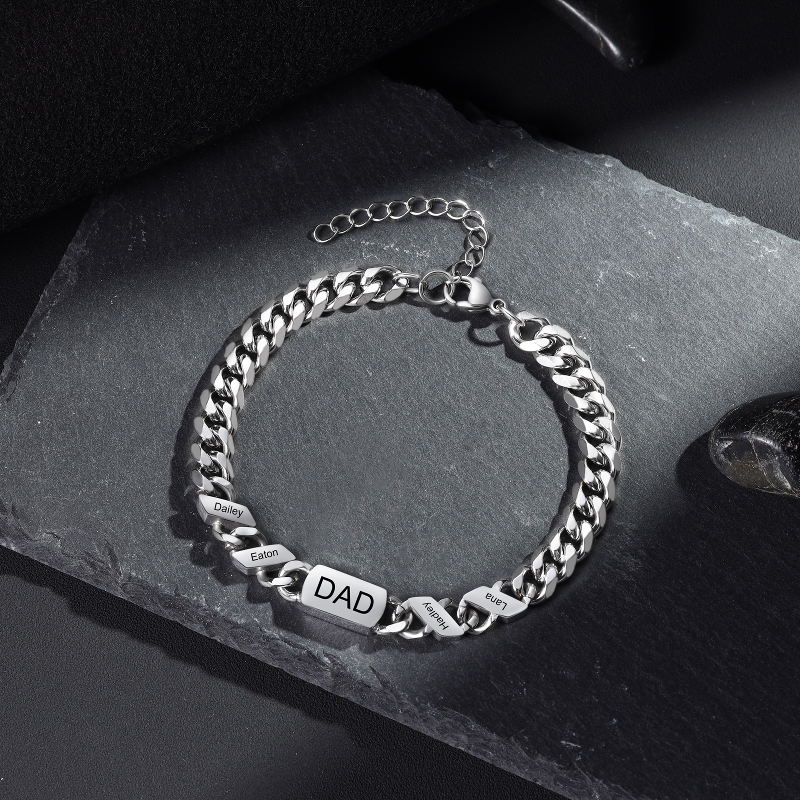 Bracciale Uomo in Acciaio Inossidabile Personalizzato – Incisione 4 Nomi & Testo – Regalo Speciale per Papà | Jessemade