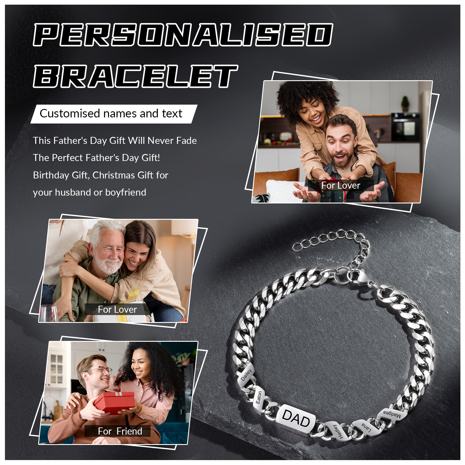 Bracciale Uomo in Acciaio Inossidabile Personalizzato – Incisione 5 Nomi & Testo – Regalo Speciale per Papà | Jessemade