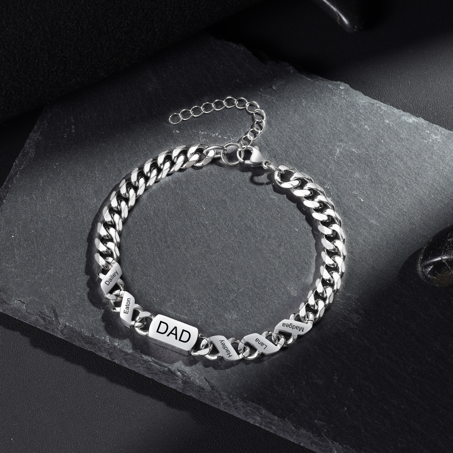 Bracciale Uomo in Acciaio Inossidabile Personalizzato – Incisione 5 Nomi & Testo – Regalo Speciale per Papà | Jessemade