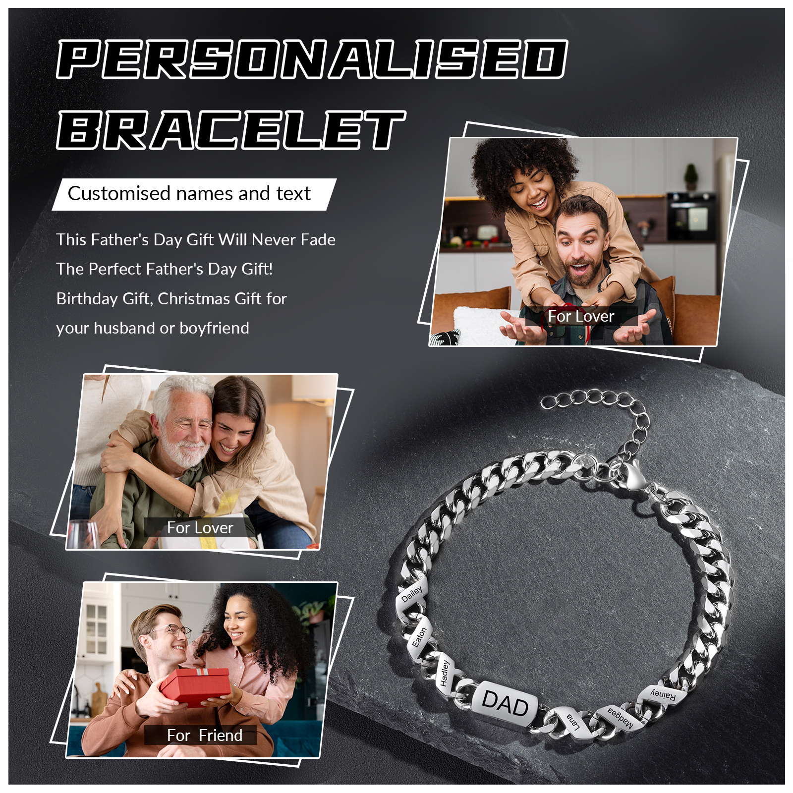 Bracciale Uomo in Acciaio Inossidabile Personalizzato – Incisione 6 Nomi & Testo – Regalo Speciale per Papà | Jessemade