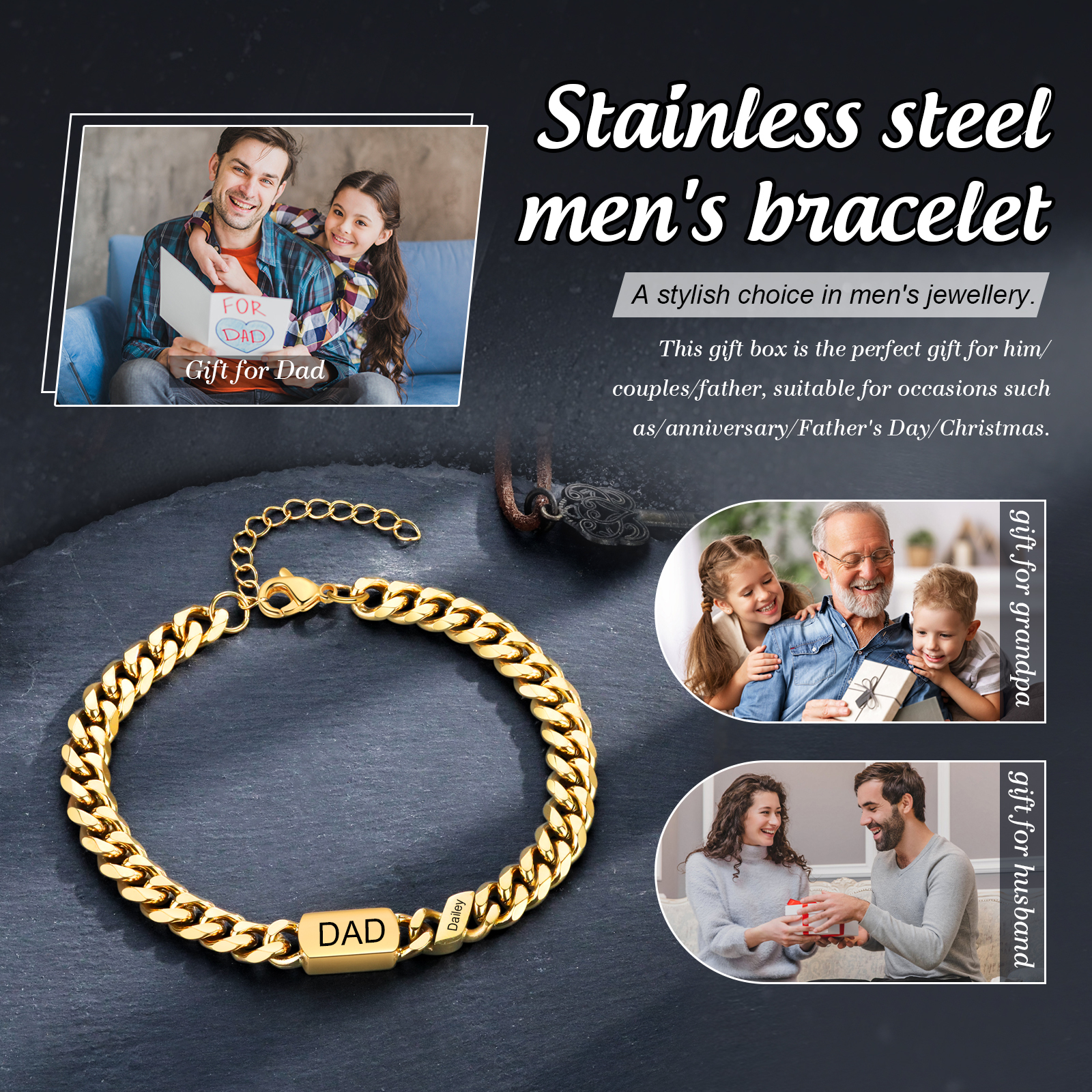 Bracciale da uomo personalizzato in stile maglia cubana per papà