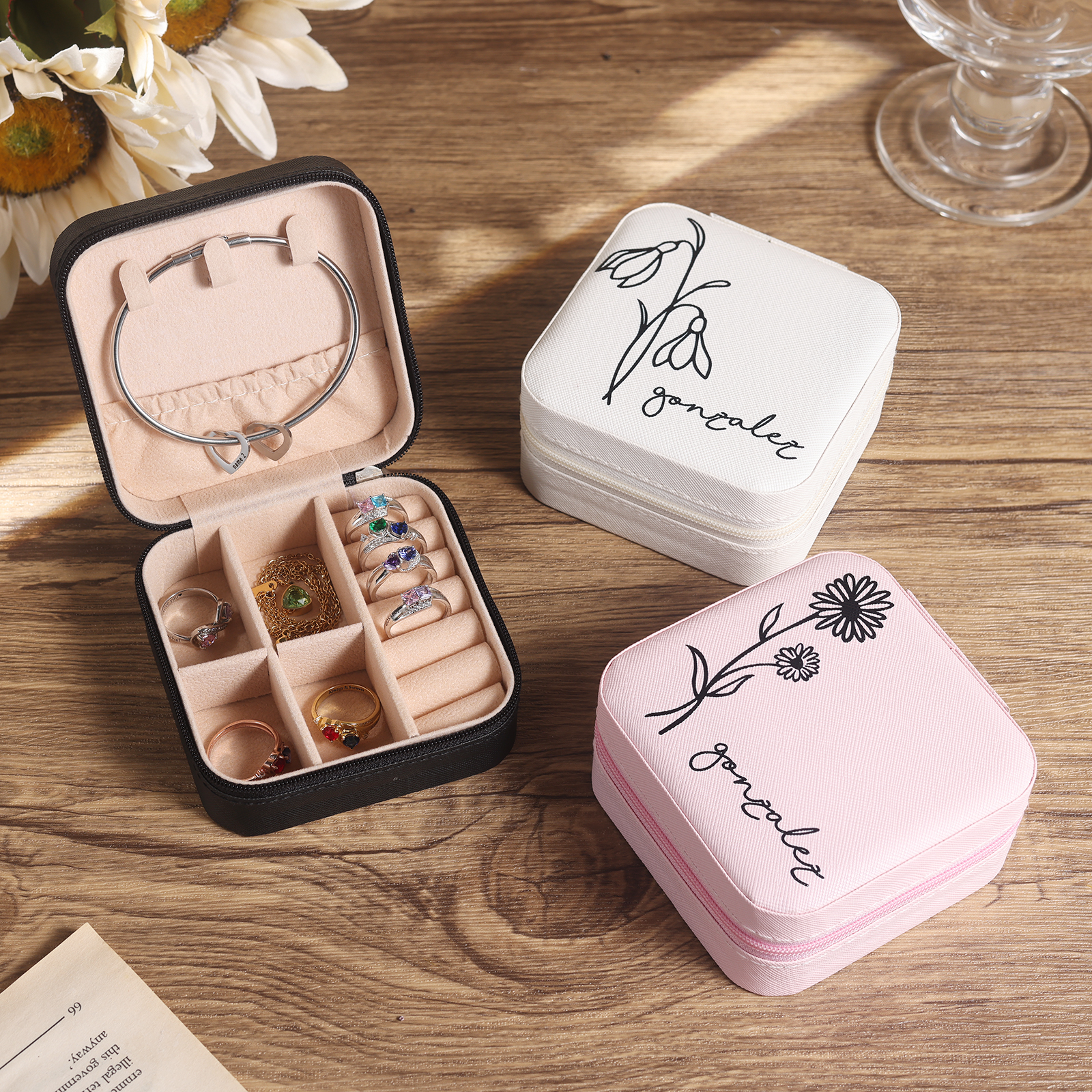Square Jewelry Storage Box-Personalised 1 Name Customized Birthflower Storage Box In Various Colors