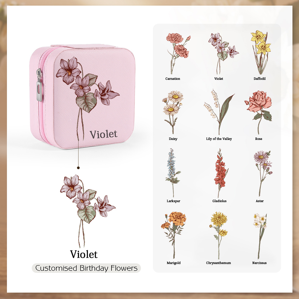 [Copy]Square Jewelry Storage Box-Personalised 1 Name Customized Birthflower Storage Box In Various Colors