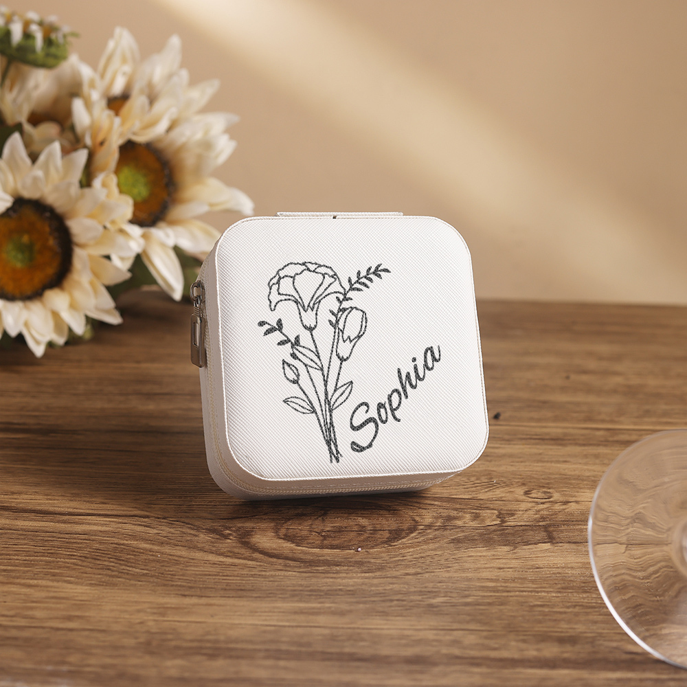 Scatola Portagioielli Quadrata - Personalizzata con 1 Nome e Fiore di