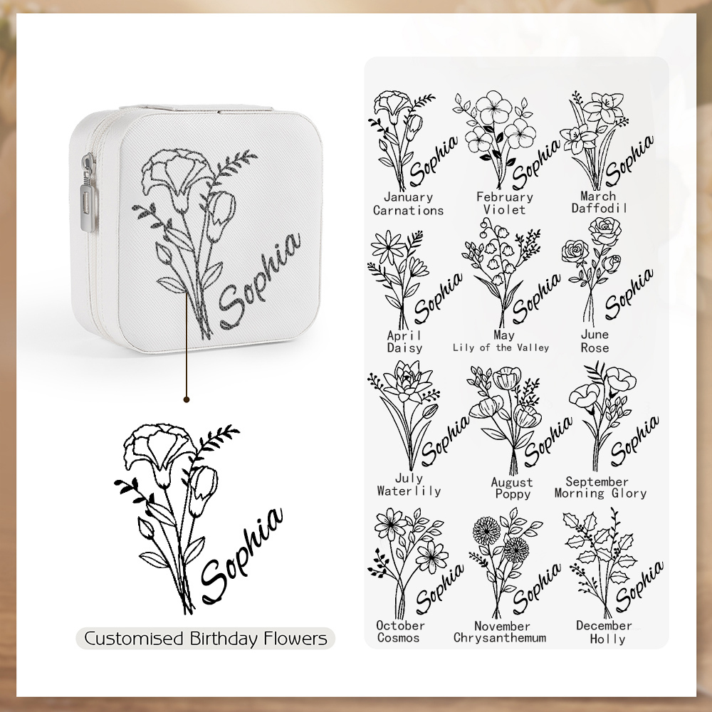 Square Jewelry Storage Box-Personalised 1 Name Customized Birthflower Storage Box In Various Colors