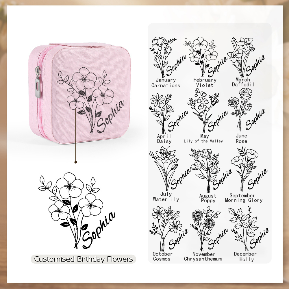 Square Jewelry Storage Box-Personalised 1 Name Customized Birthflower Storage Box In Various Colors