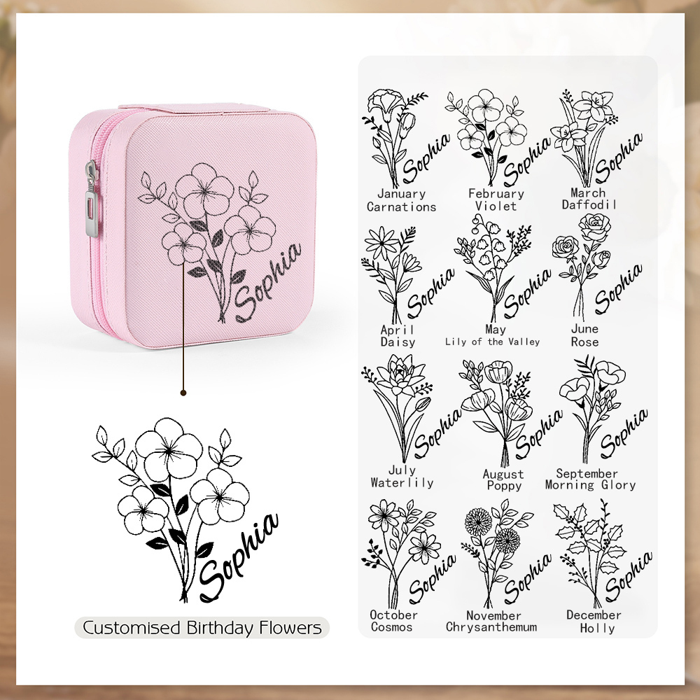 Square Jewelry Storage Box-Personalised 1 Name Customized Birthflower Storage Box In Various Colors