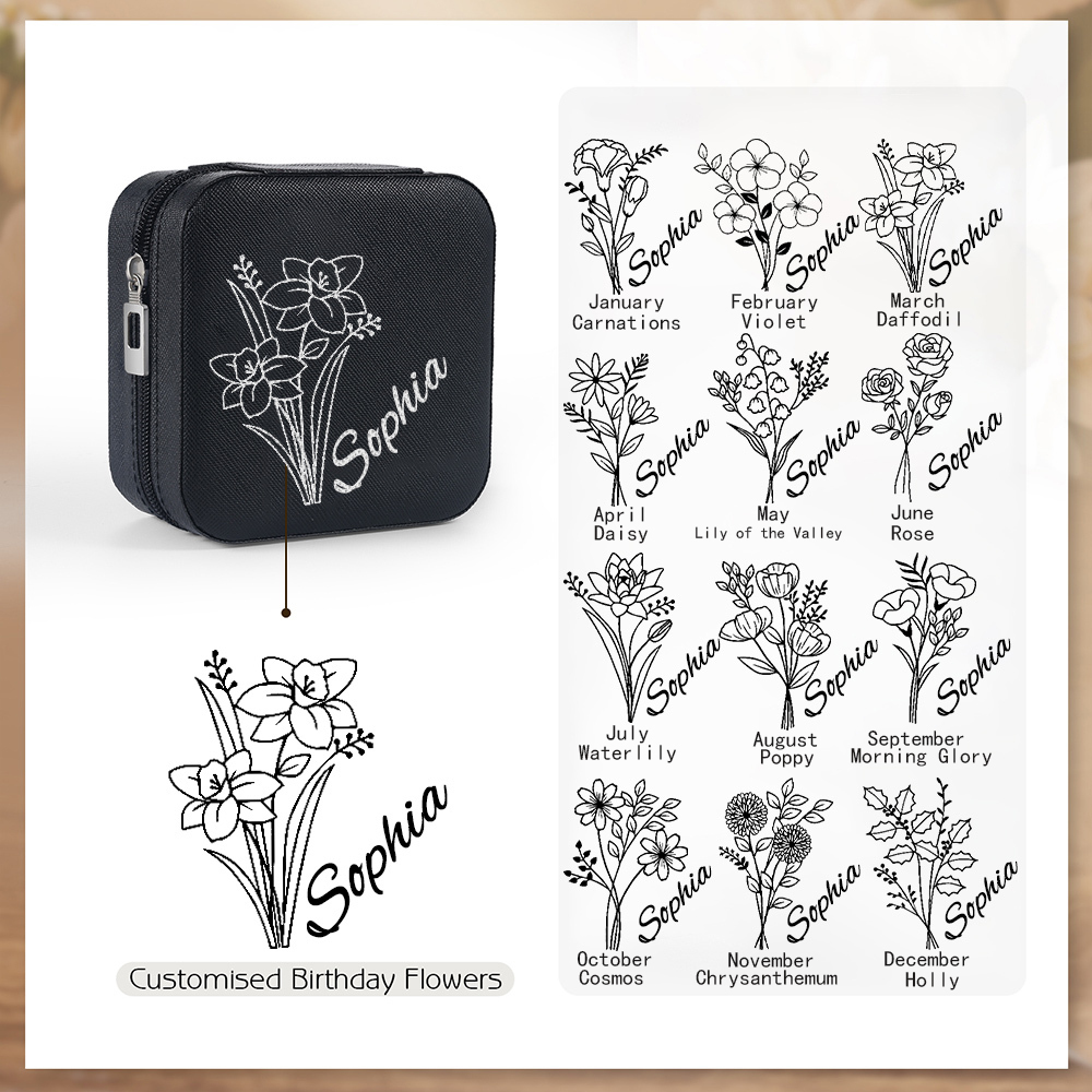 Square Jewelry Storage Box-Personalised 1 Name Customized Birthflower Storage Box In Various Colors