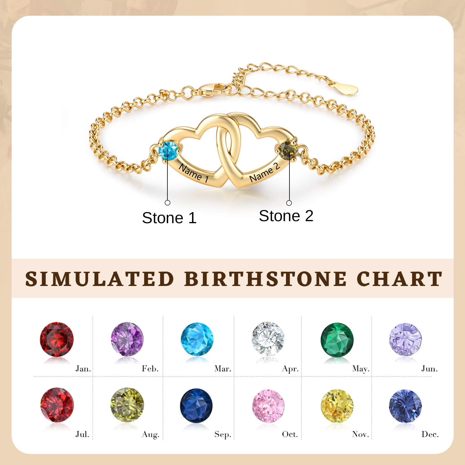 Bracciale Cuori intrecciati personalizzato con 2 nomi e pietre di nascita da donna