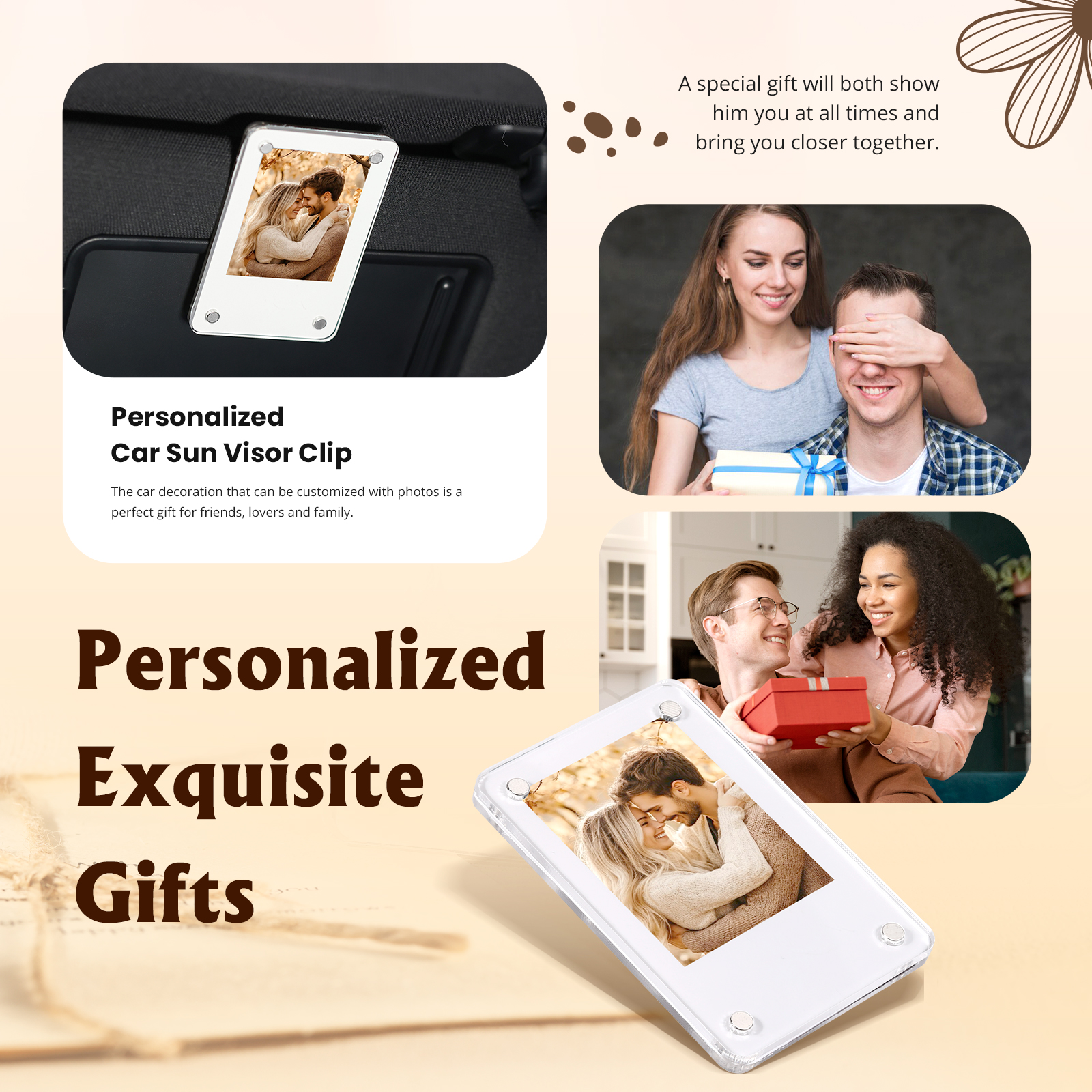 Portafoto Personalizzato per Auto - Clip per Parasole con 1 Foto - Elegante Decorazione da Auto - Regalo di San Valentino per Lei/Lui | Jessemade