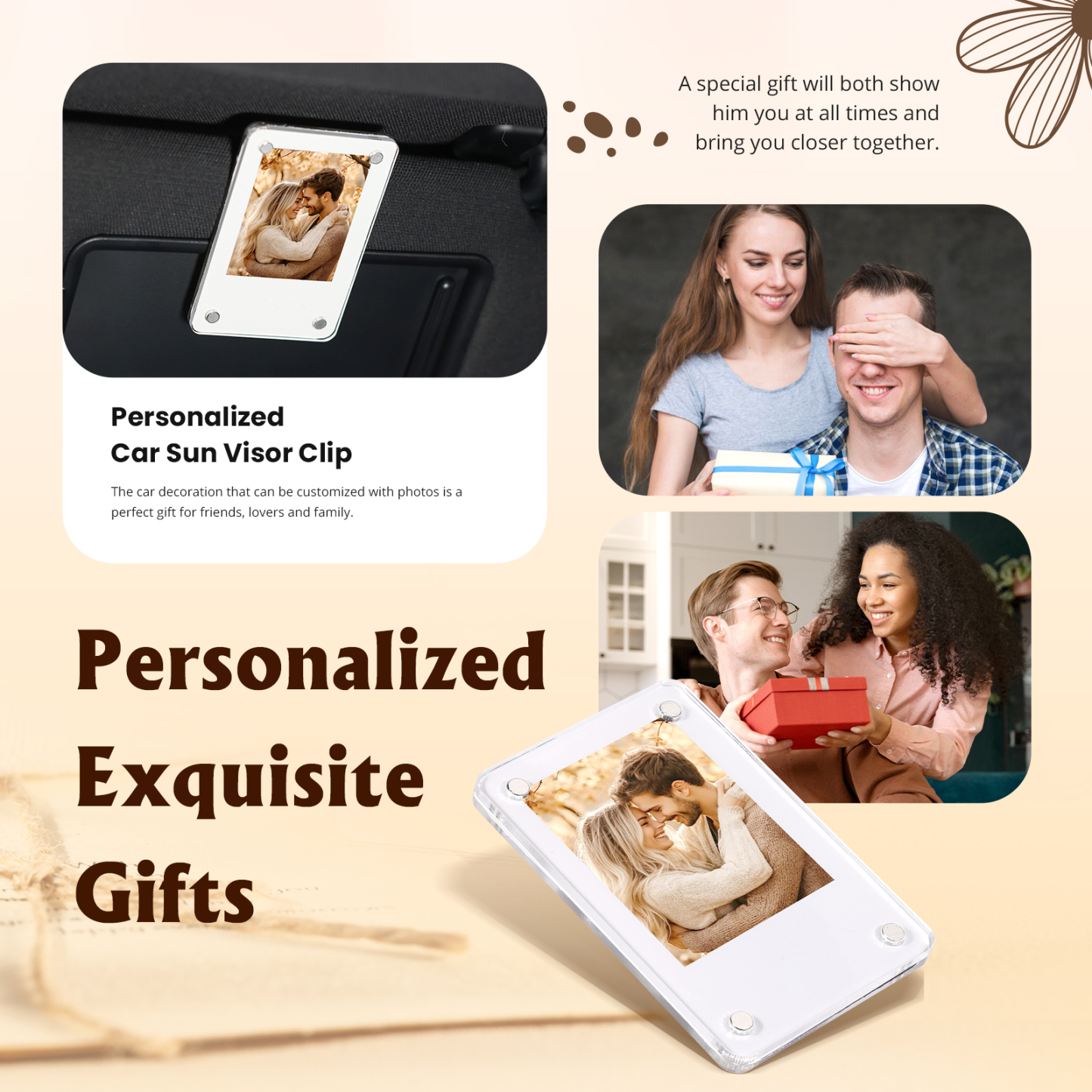 Portafoto Personalizzato per Auto - Clip per Parasole con 1 Foto - Elegante Decorazione da Auto - Regalo di San Valentino per Lei/Lui | Jessemade