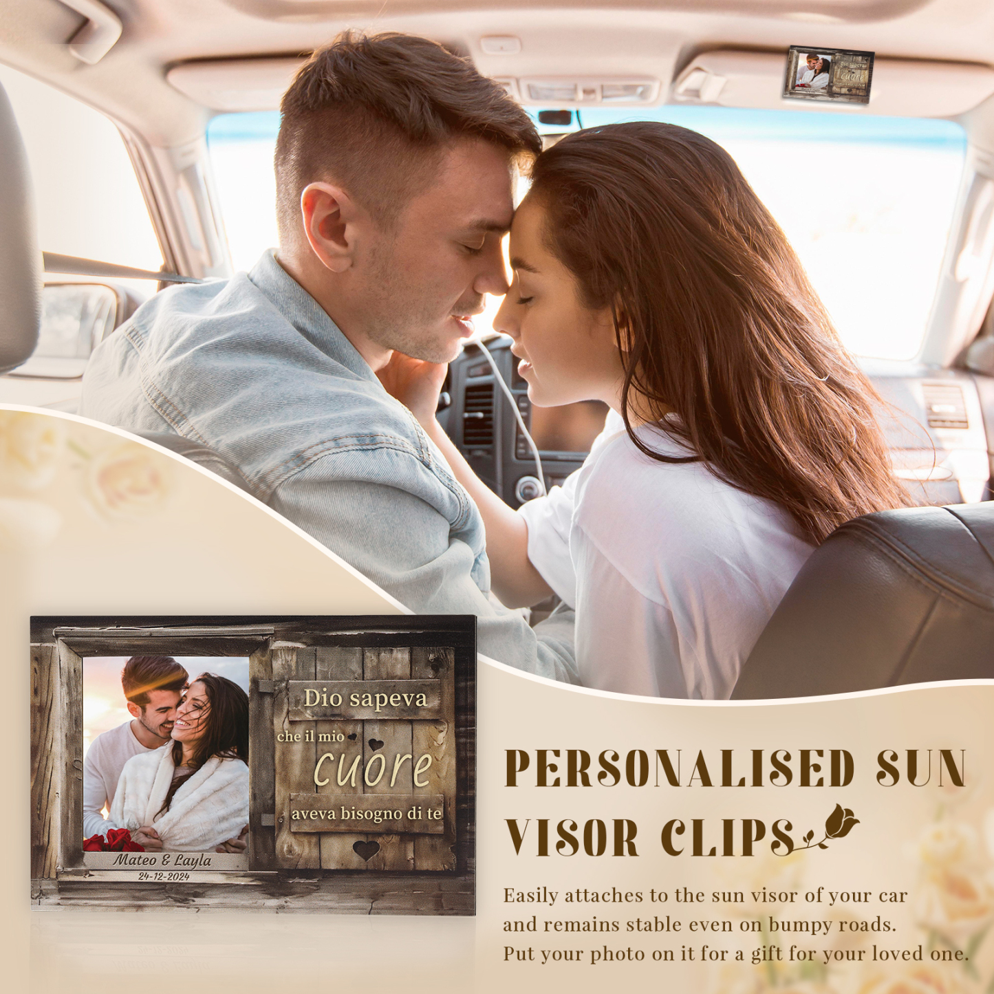 Portafoto Personalizzato per Auto - Clip per Parasole con Foto, 2 Nomi e Data - "Dio sapeva che il mio cuore aveva bisogno di te" - Regalo di San Valentino per Lei/Lui | Jessemade
