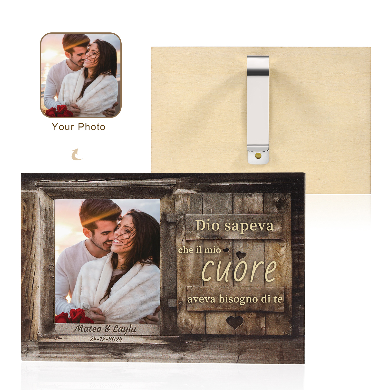 Portafoto Personalizzato per Auto - Clip per Parasole con Foto, 2 Nomi e Data - "Dio sapeva che il mio cuore aveva bisogno di te" - Regalo di San Valentino per Lei/Lui | Jessemade