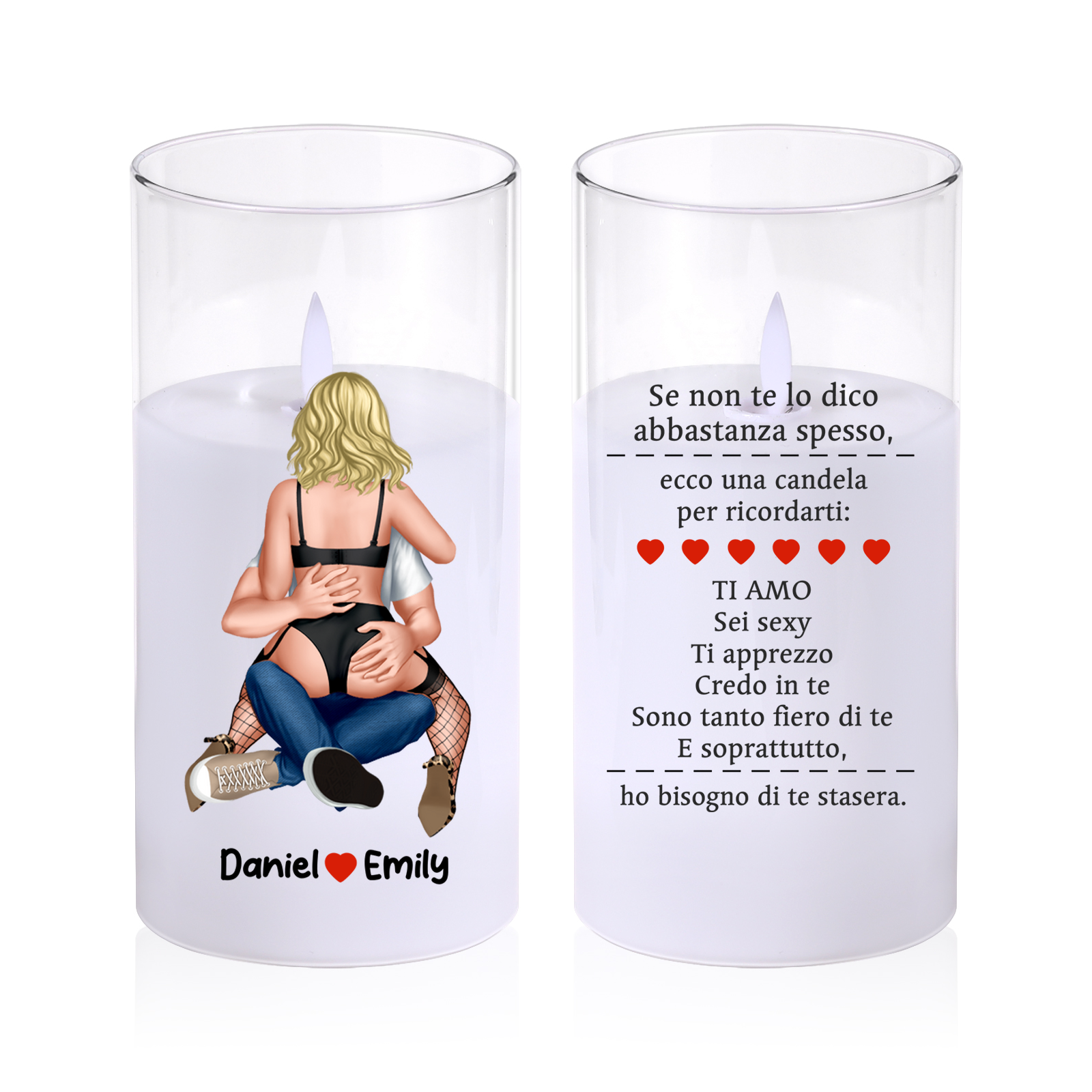 Candela LED Personalizzata in Vetro con Nomi – Regalo romantico per Coppia