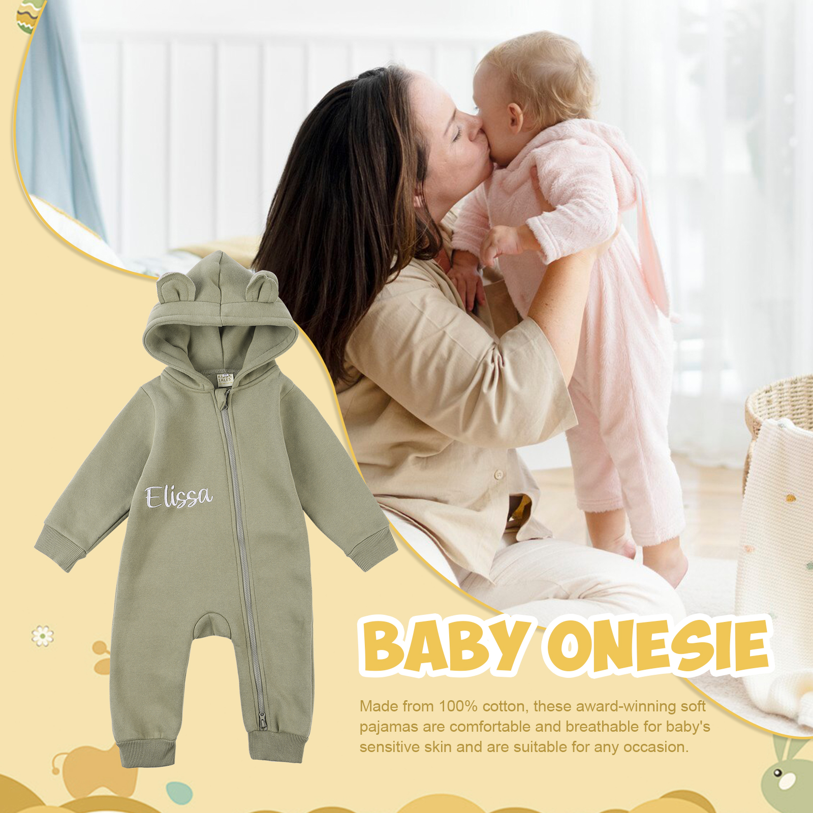 Tutina Verde in Cotone per Bambino con Cappuccio Carino - Personalizzabile con Nome, Disponibile in Varie Taglie - Regalo Perfetto per Neonati | Jessemade