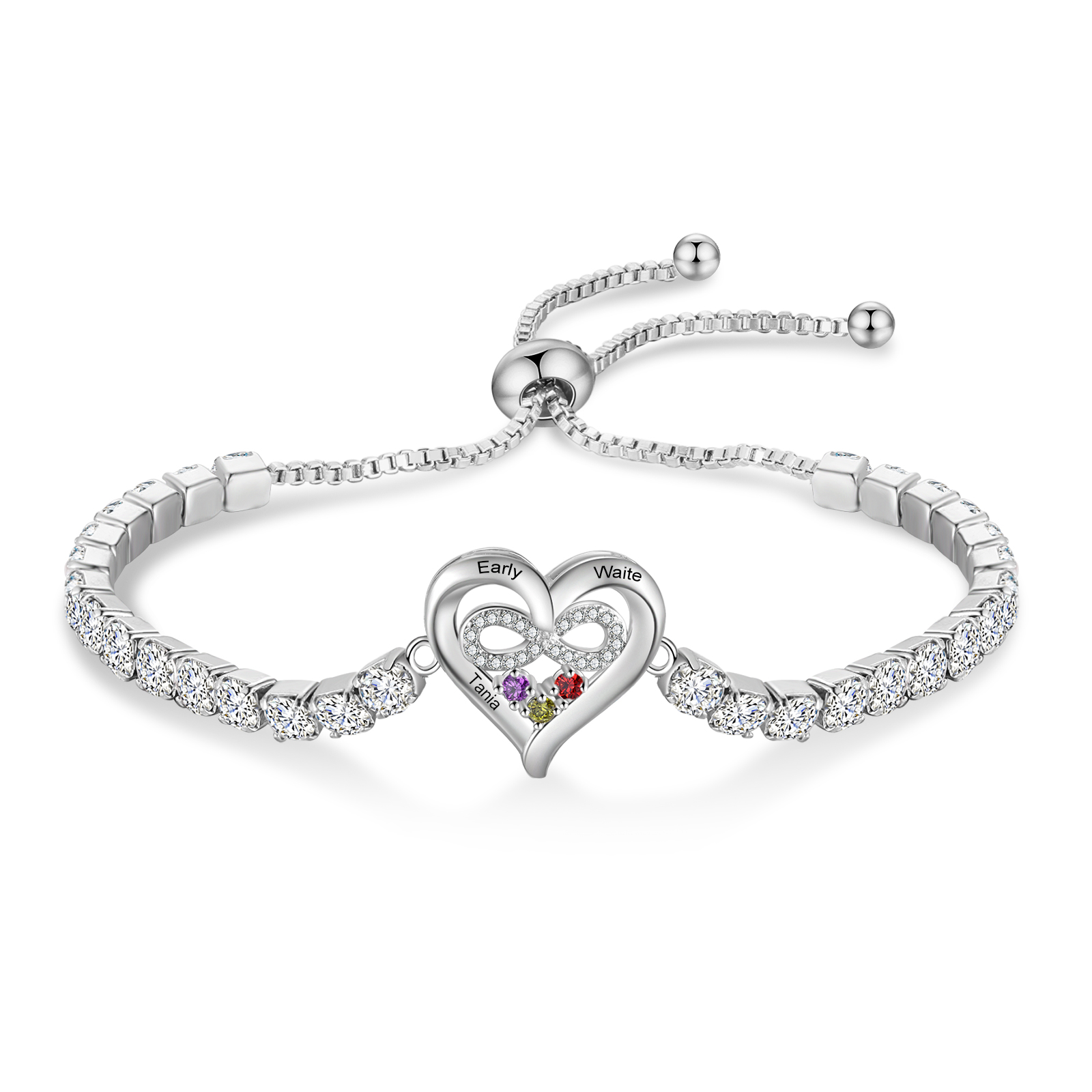 Bracciale da tennis personalizzato con cuore infinito, nomi e pietre di nascita, regolabile con zirconi, regalo per donna
